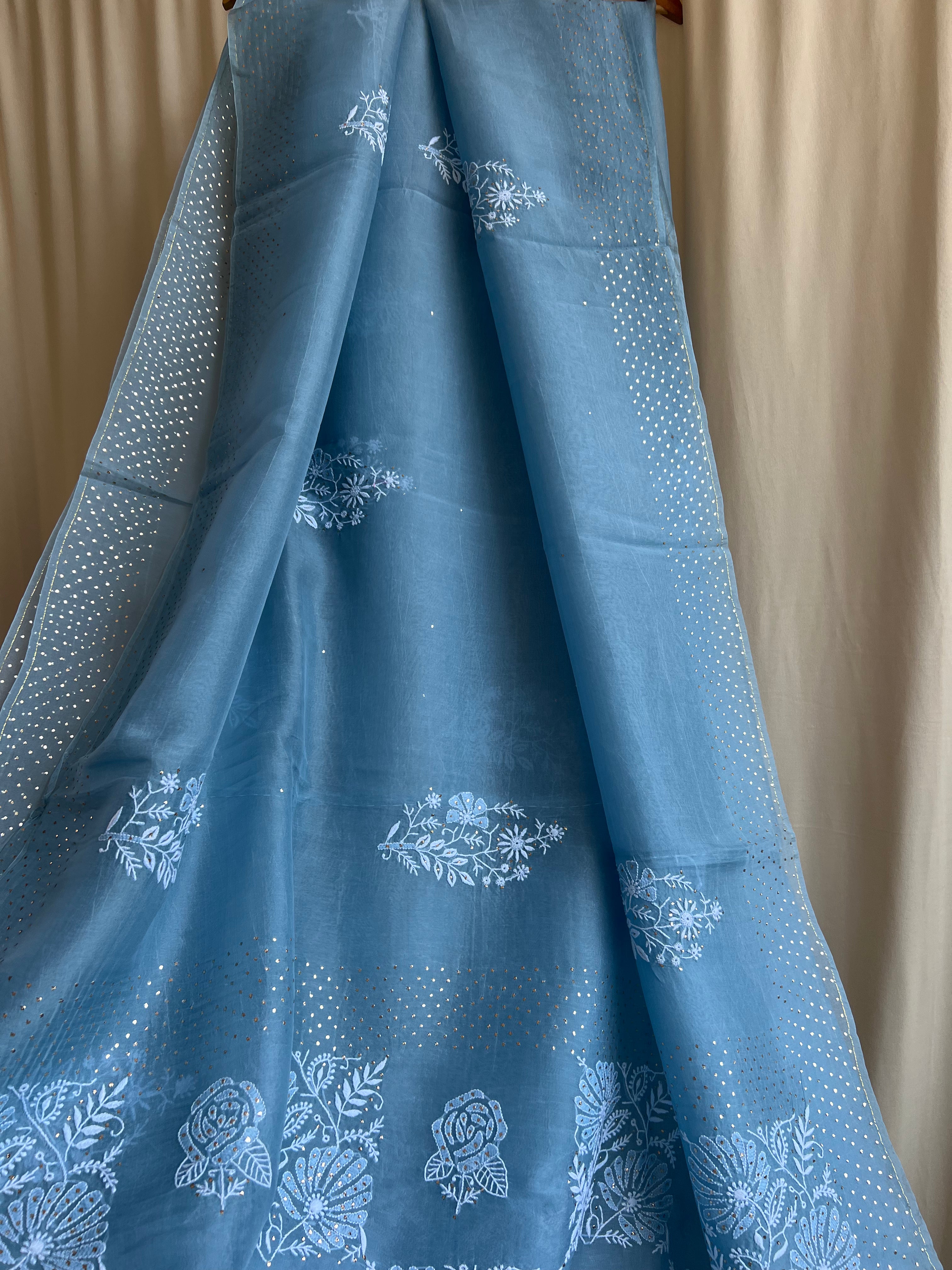Pure organza Chikankari saree in Blue with Mukaish work