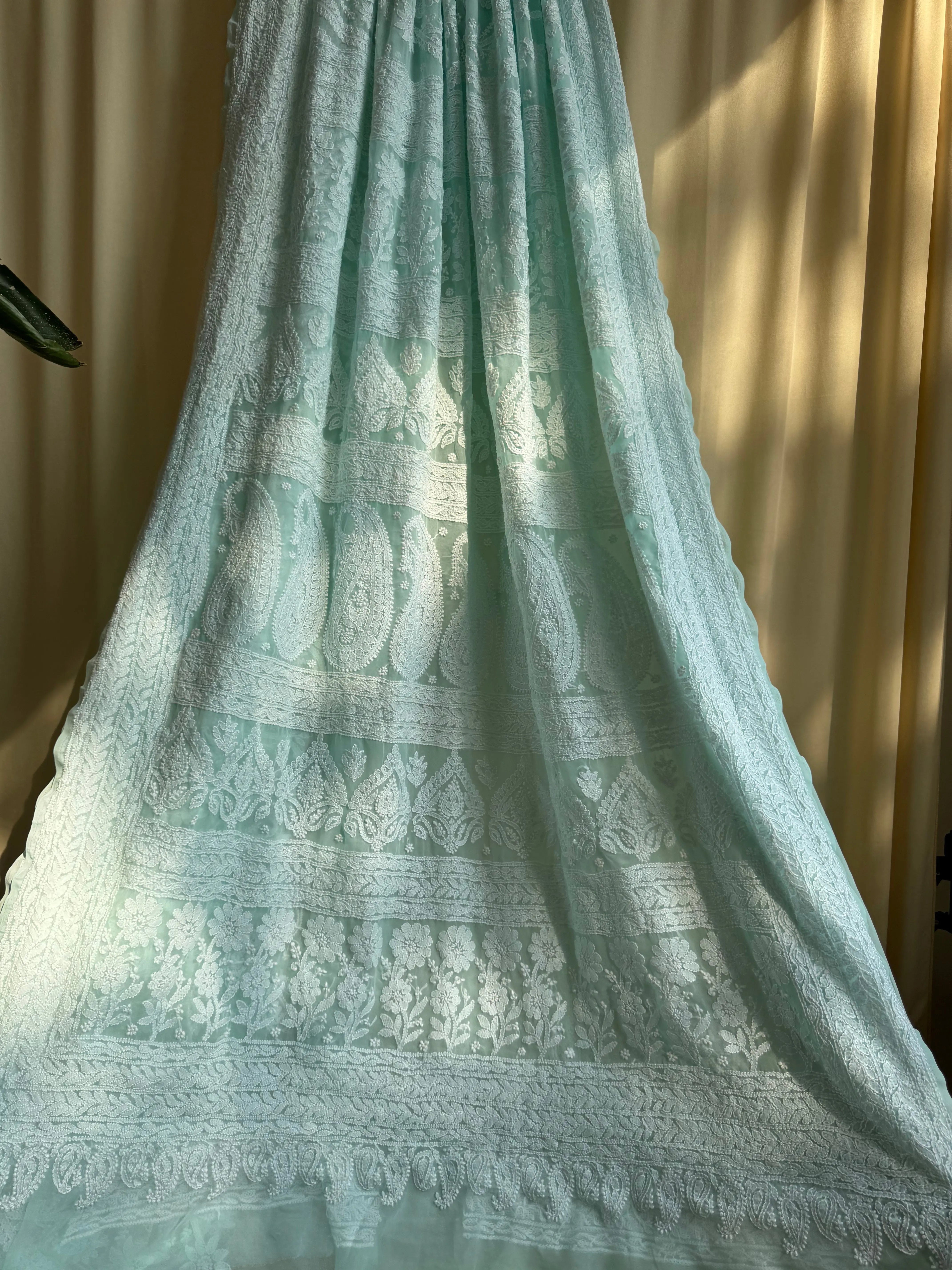 Georgette Chikankari saree in Sea Green ARIAA CHIKANKARI