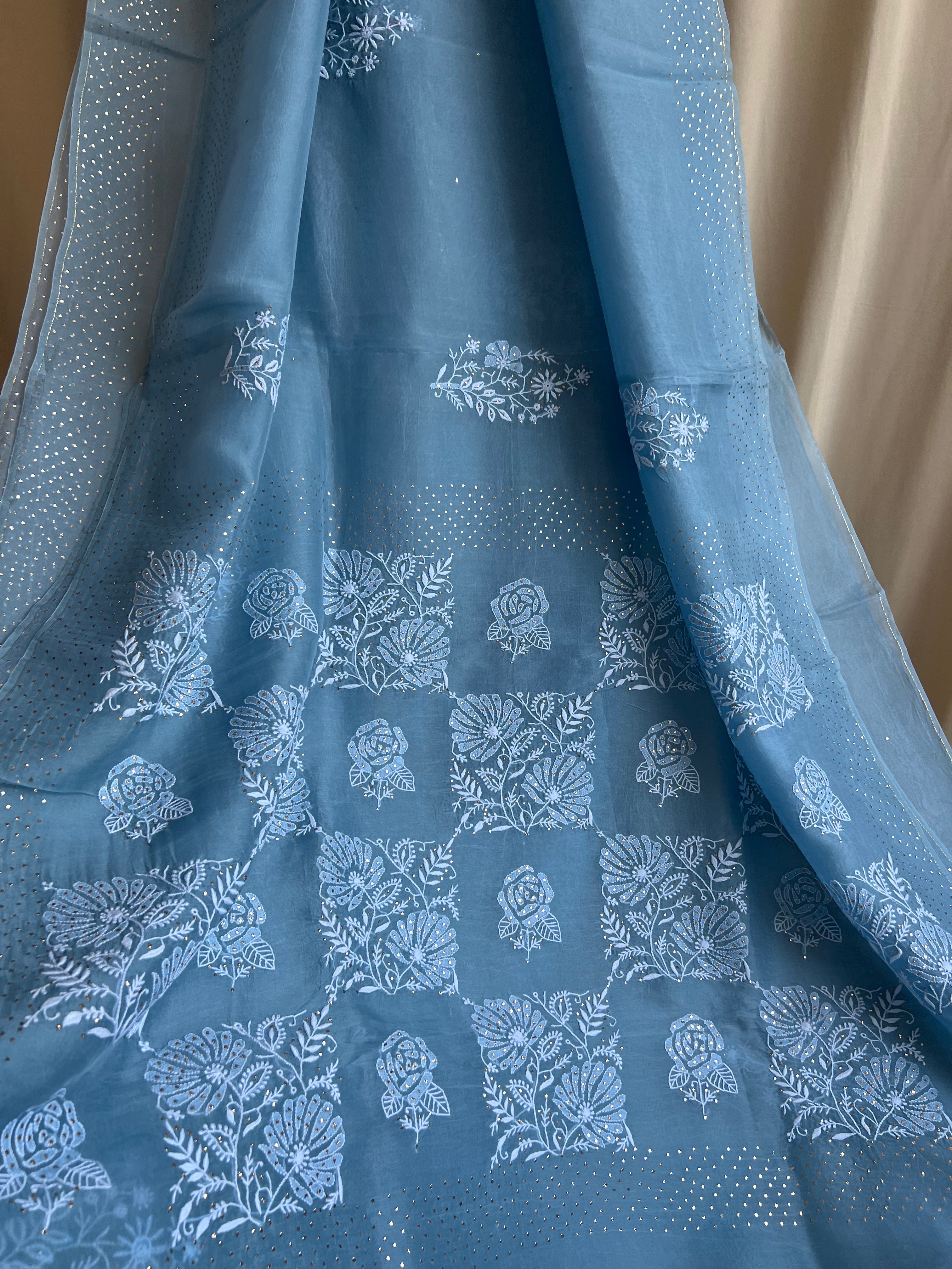 Pure organza Chikankari saree in Blue with Mukaish work