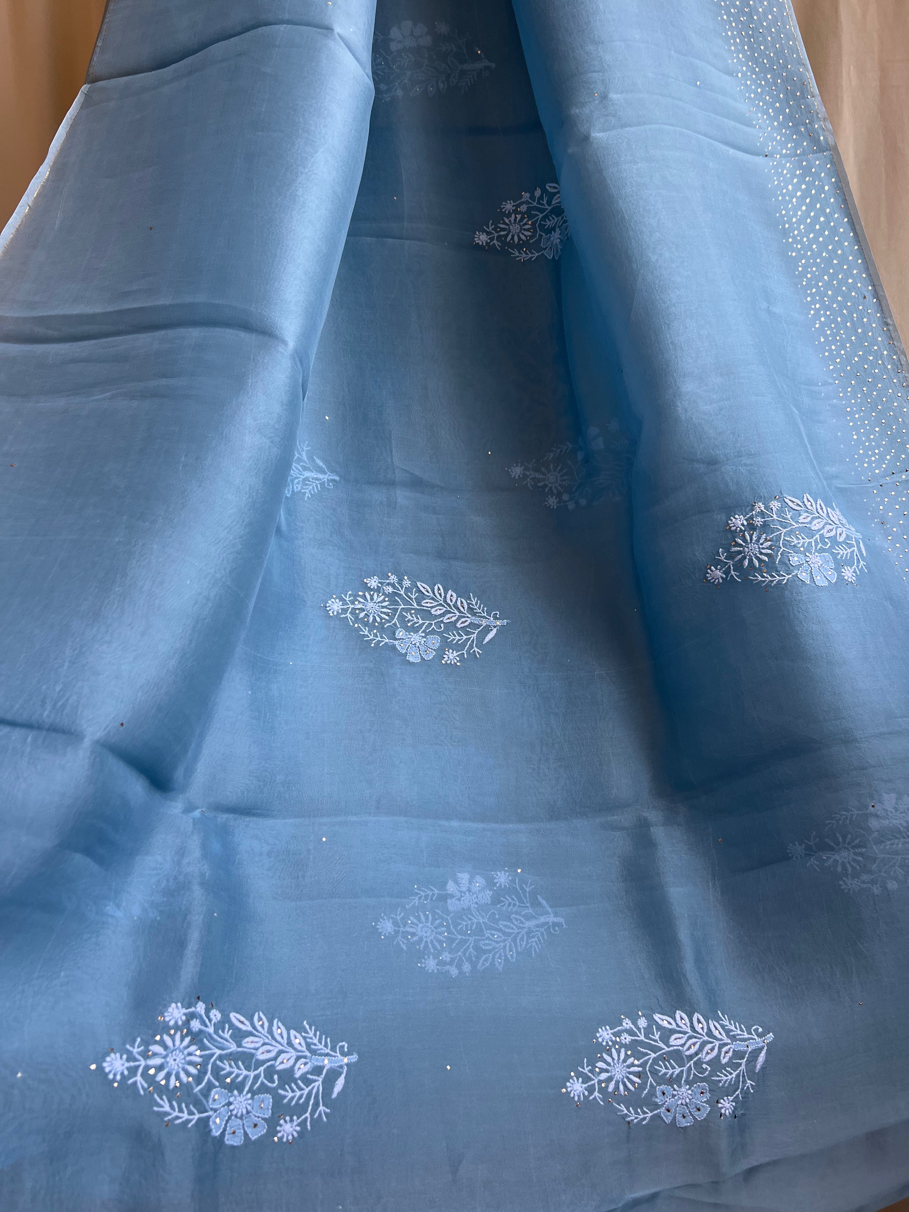 Pure organza Chikankari saree in Blue with Mukaish work