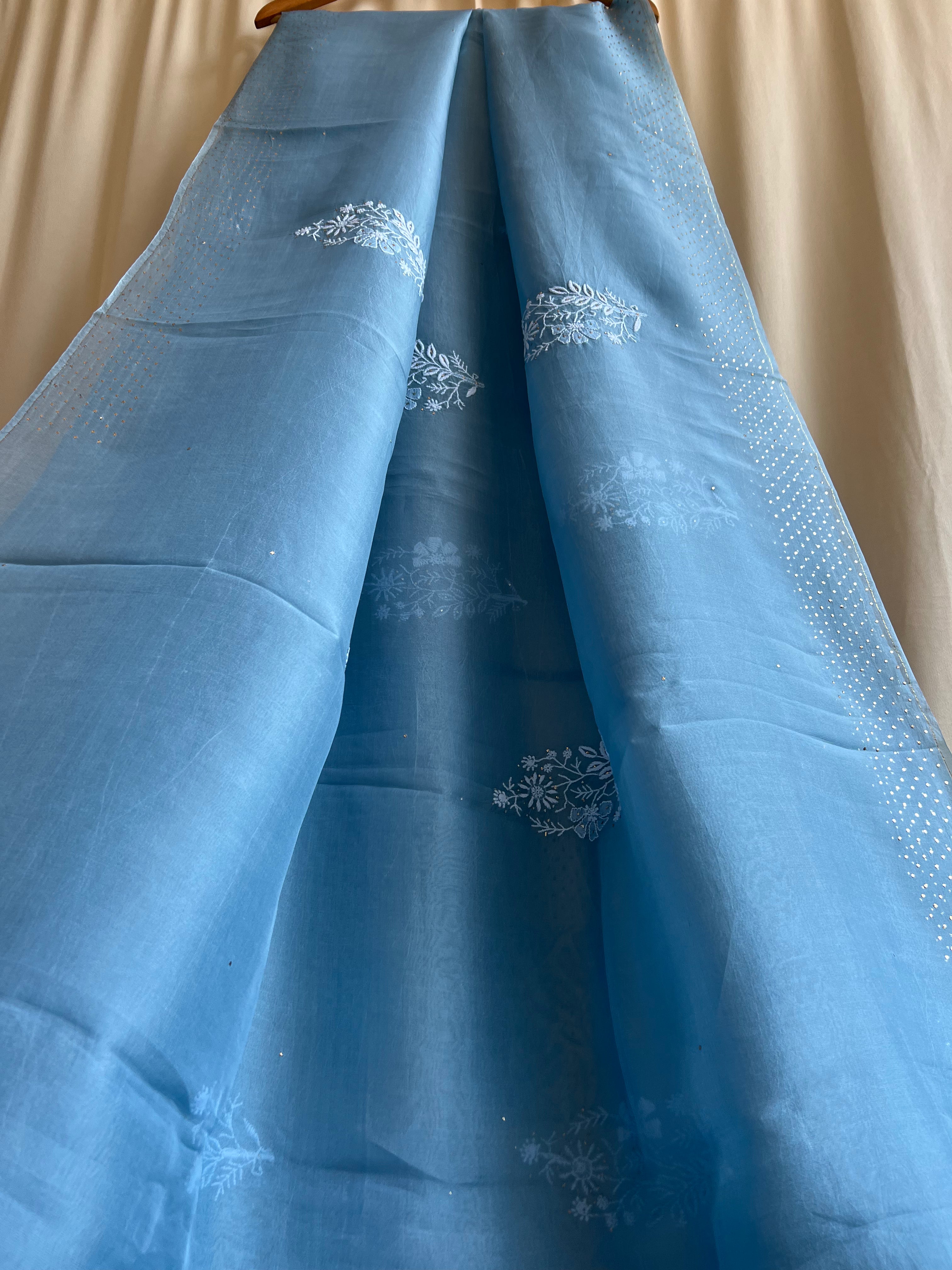 Pure organza Chikankari saree in Blue with Mukaish work