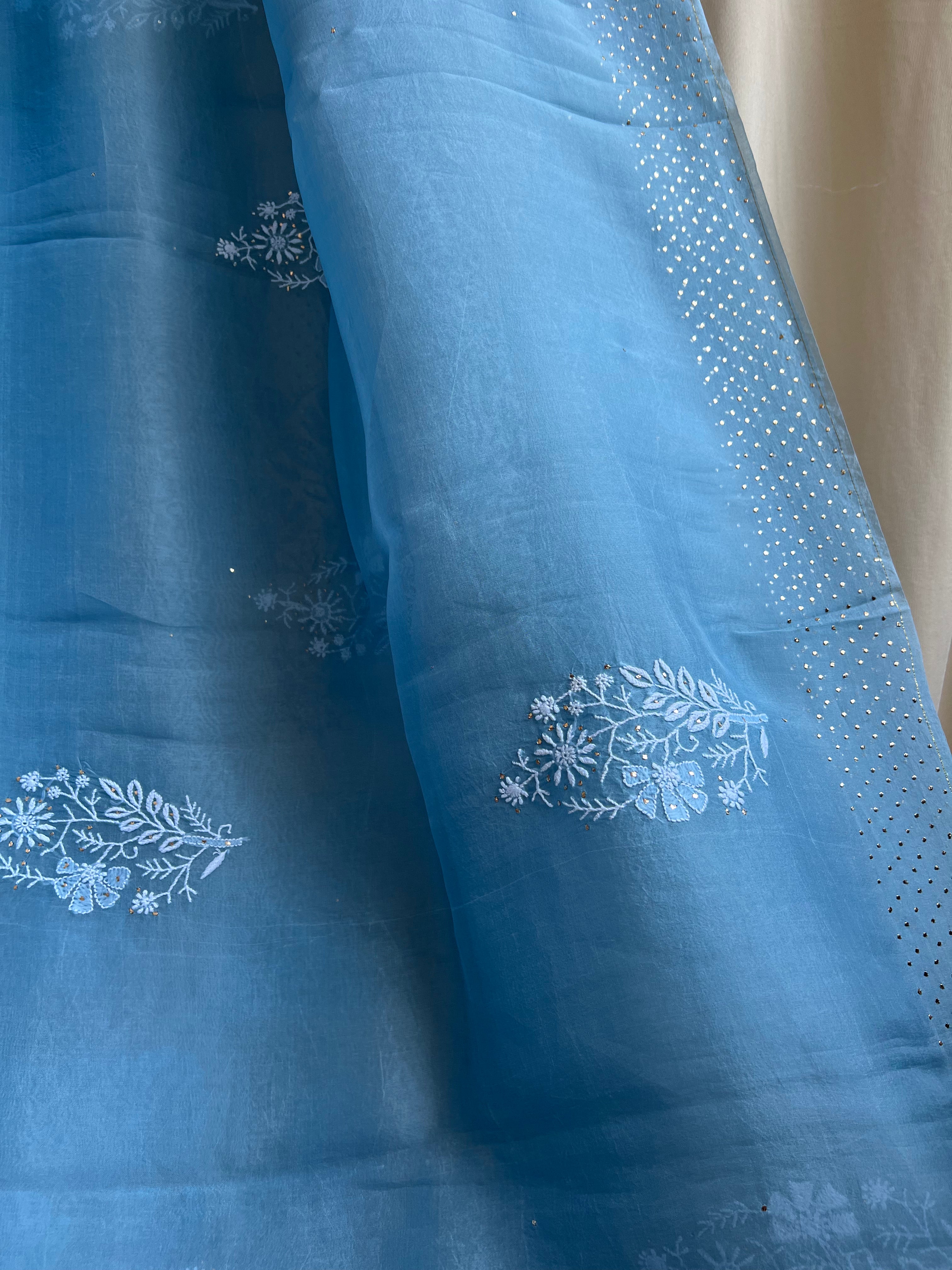 Pure organza Chikankari saree in Blue with Mukaish work