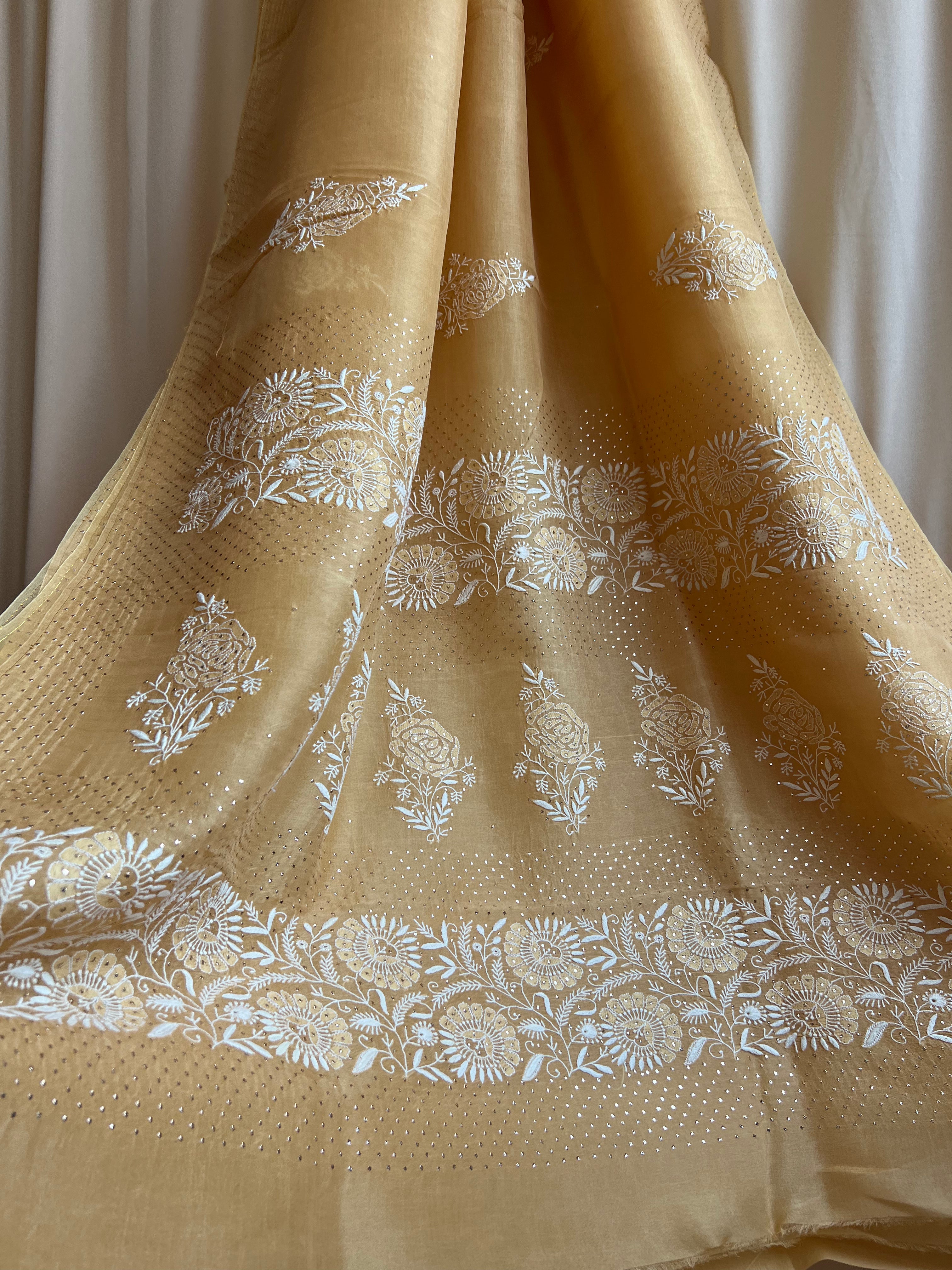 Pure organza Chikankari saree in Yellow with Mukaish work ARIAA CHIKANKARI