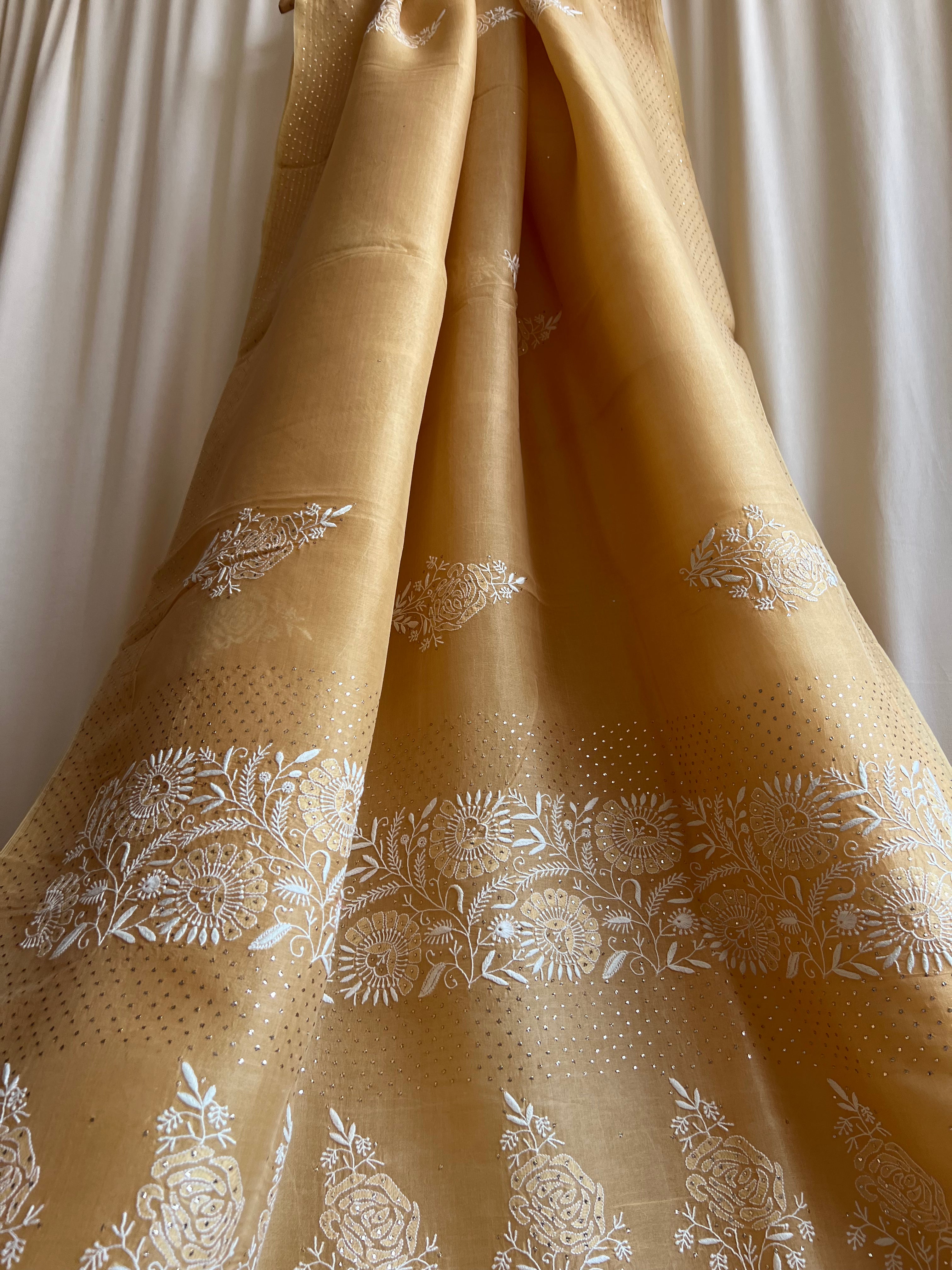 Pure organza Chikankari saree in Yellow with Mukaish work ARIAA CHIKANKARI
