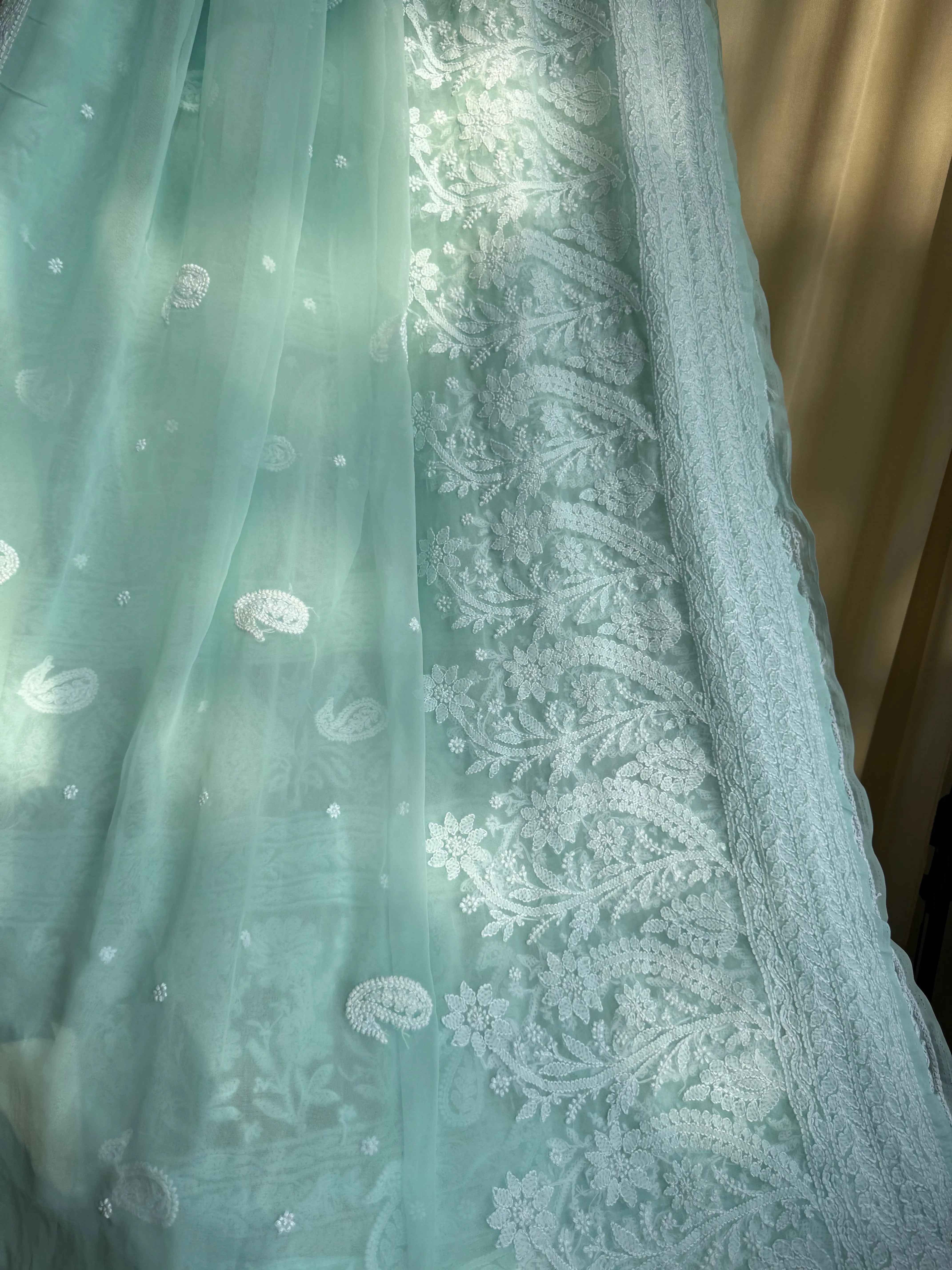 Georgette Chikankari saree in Sea Green ARIAA CHIKANKARI