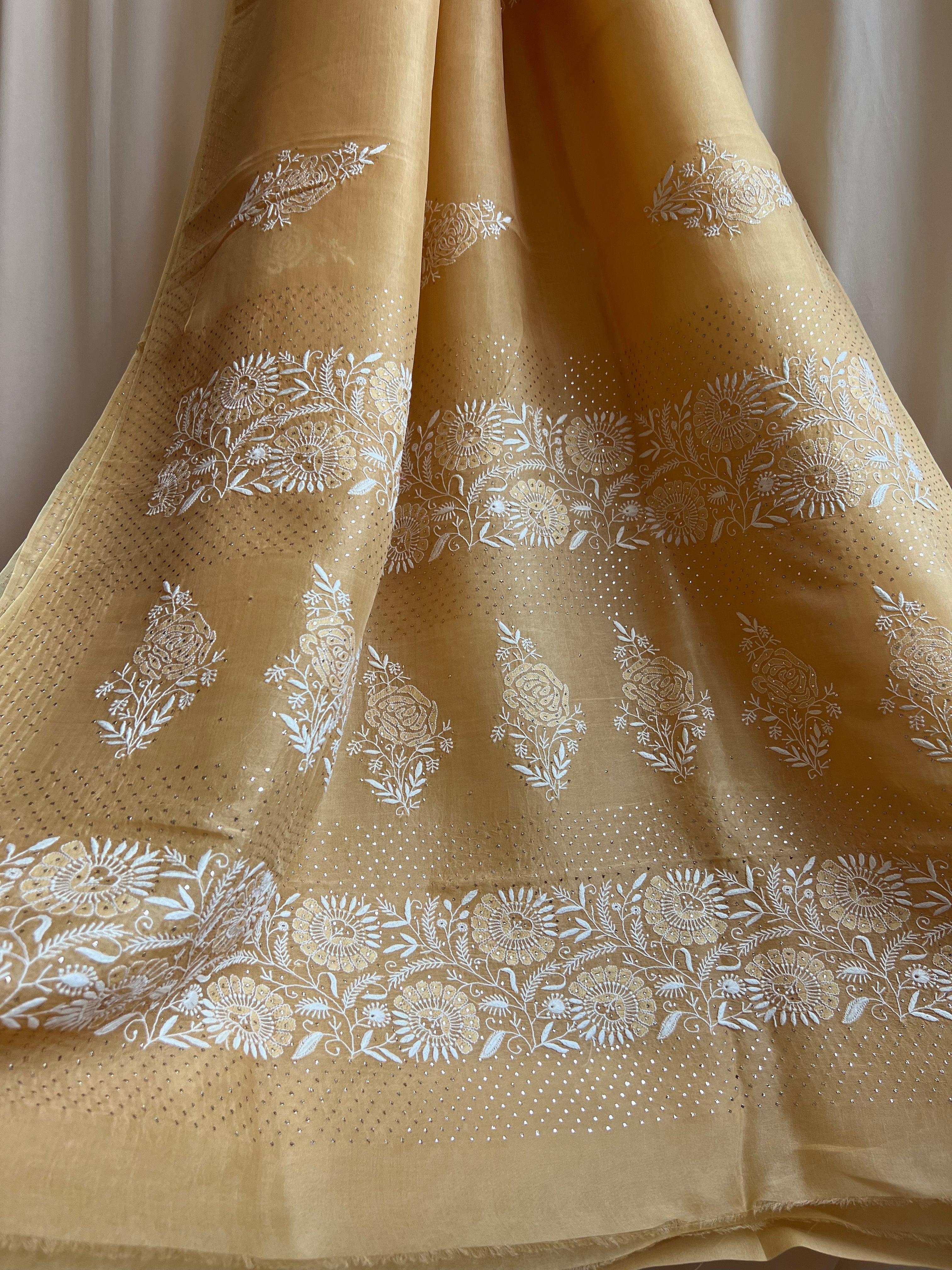 Pure organza Chikankari saree in Yellow with Mukaish work ARIAA CHIKANKARI