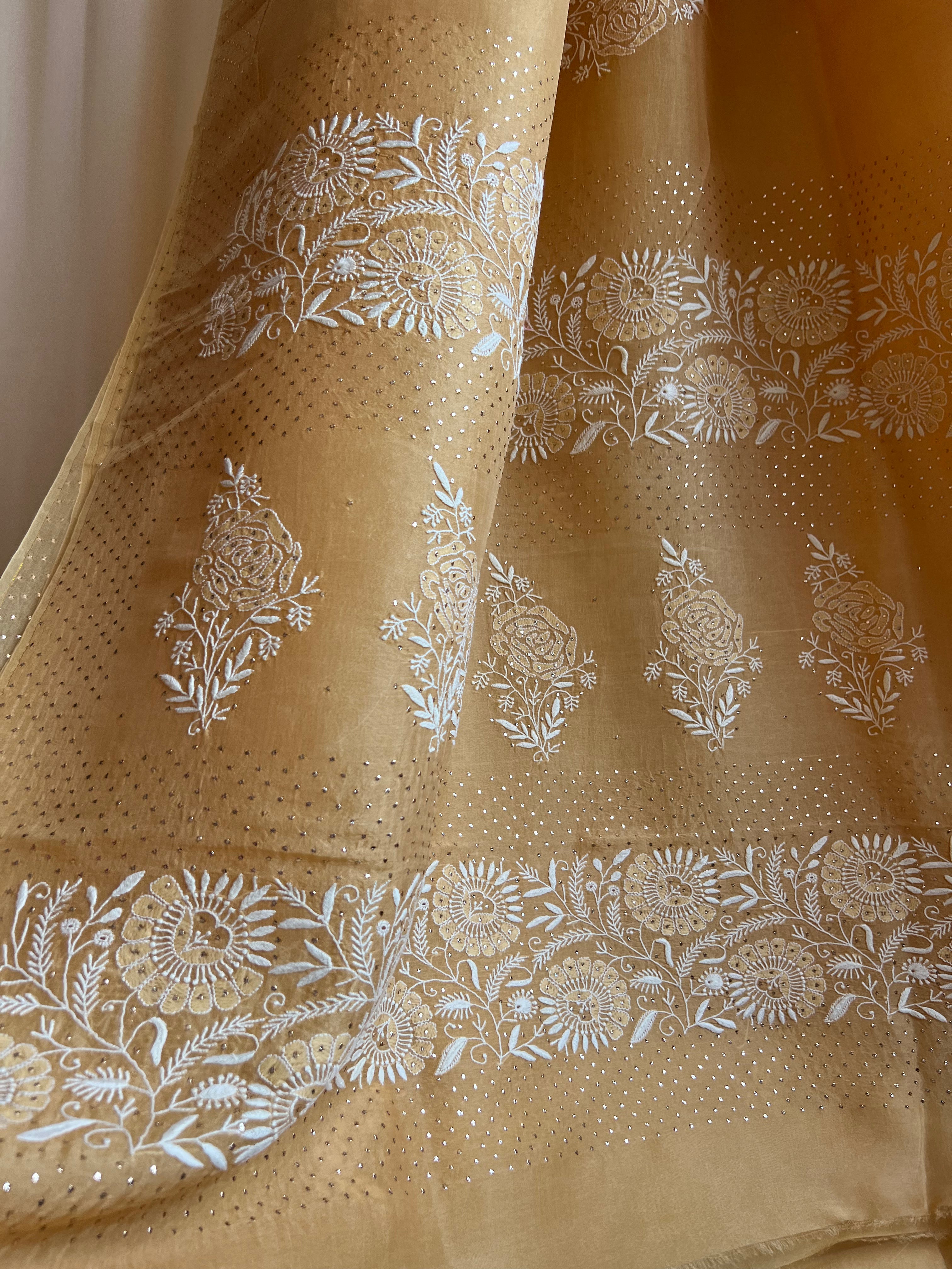 Pure organza Chikankari saree in Yellow with Mukaish work ARIAA CHIKANKARI