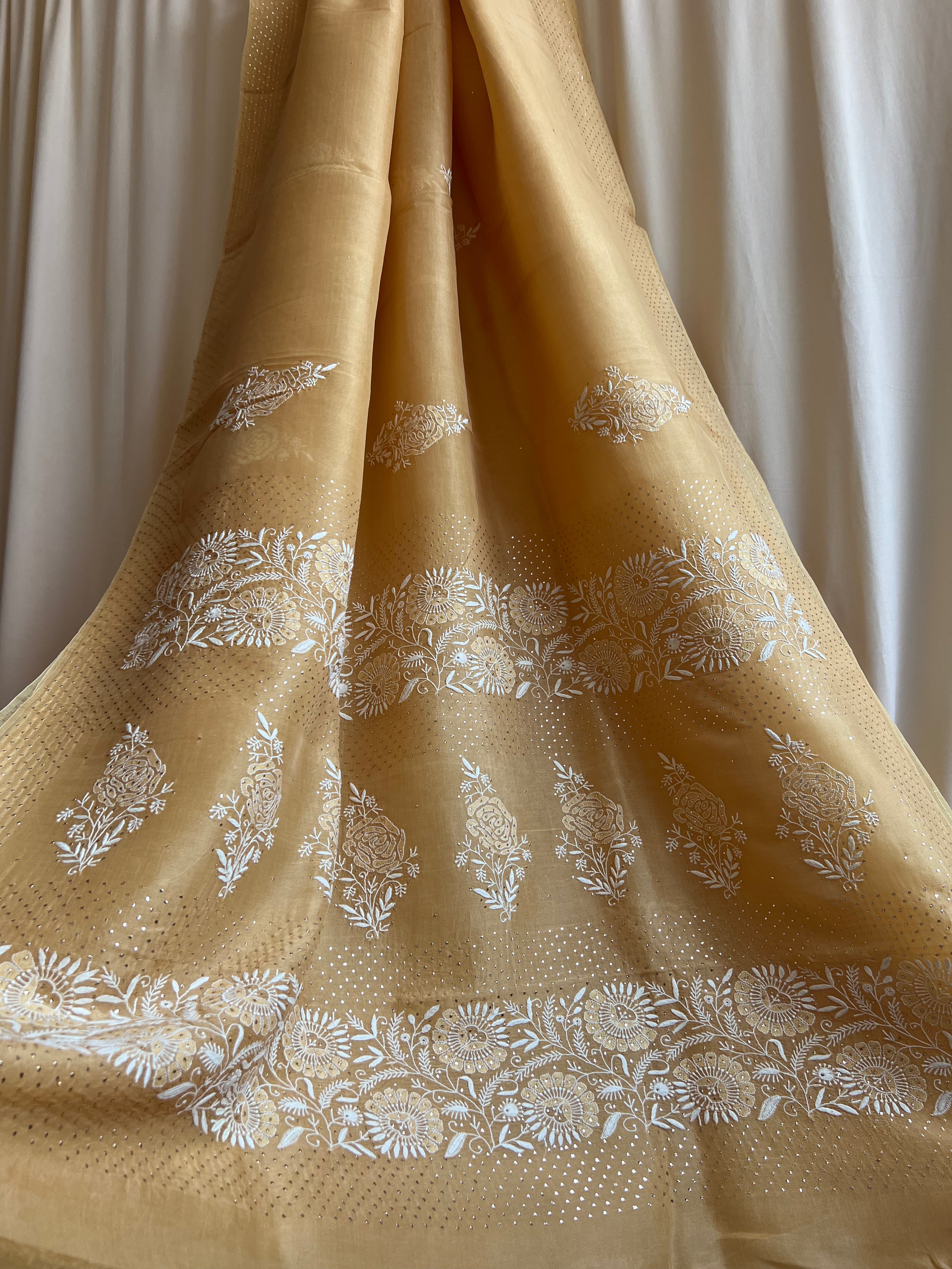 Pure organza Chikankari saree in Yellow with Mukaish work ARIAA CHIKANKARI