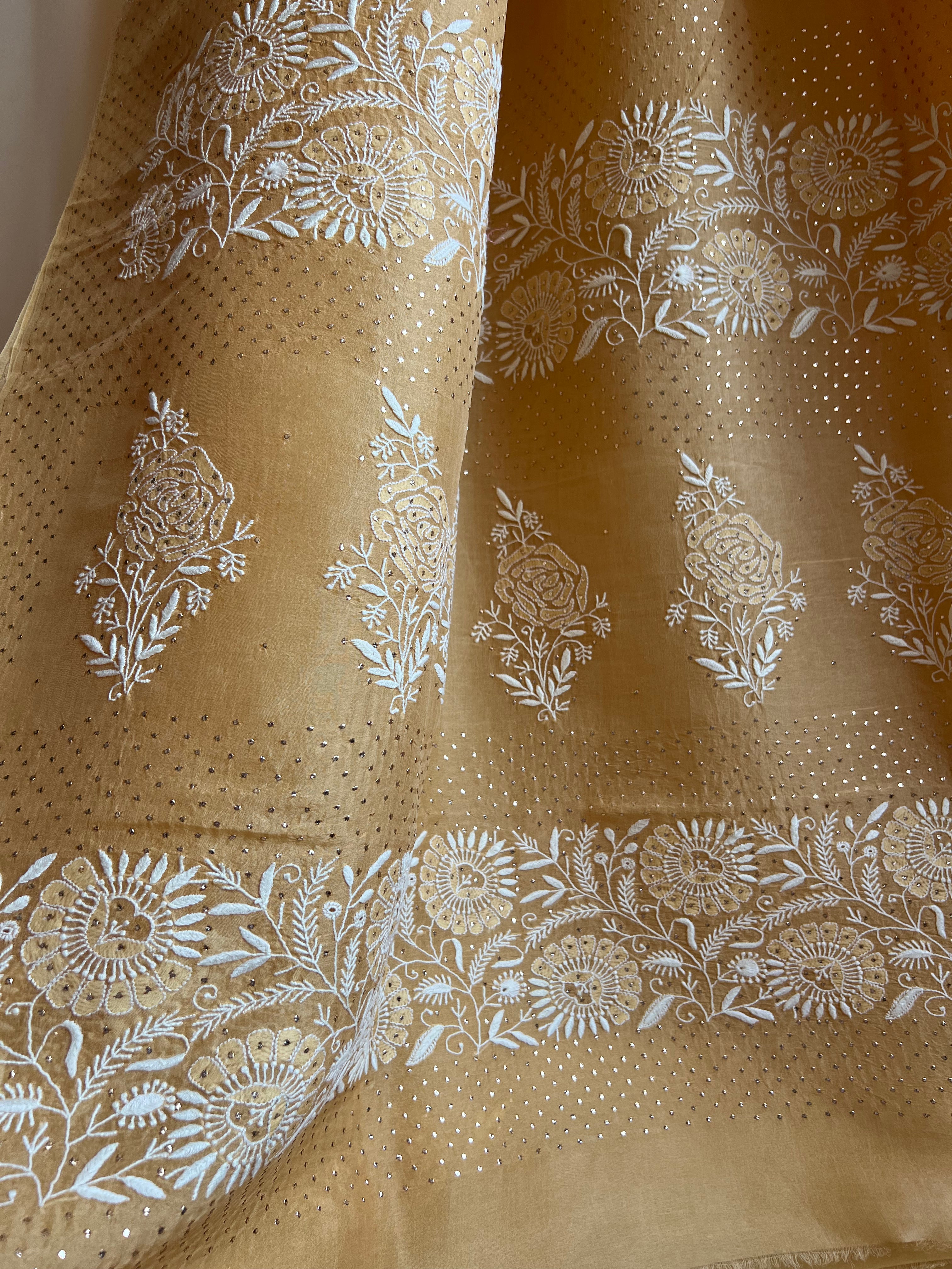 Pure organza Chikankari saree in Yellow with Mukaish work ARIAA CHIKANKARI