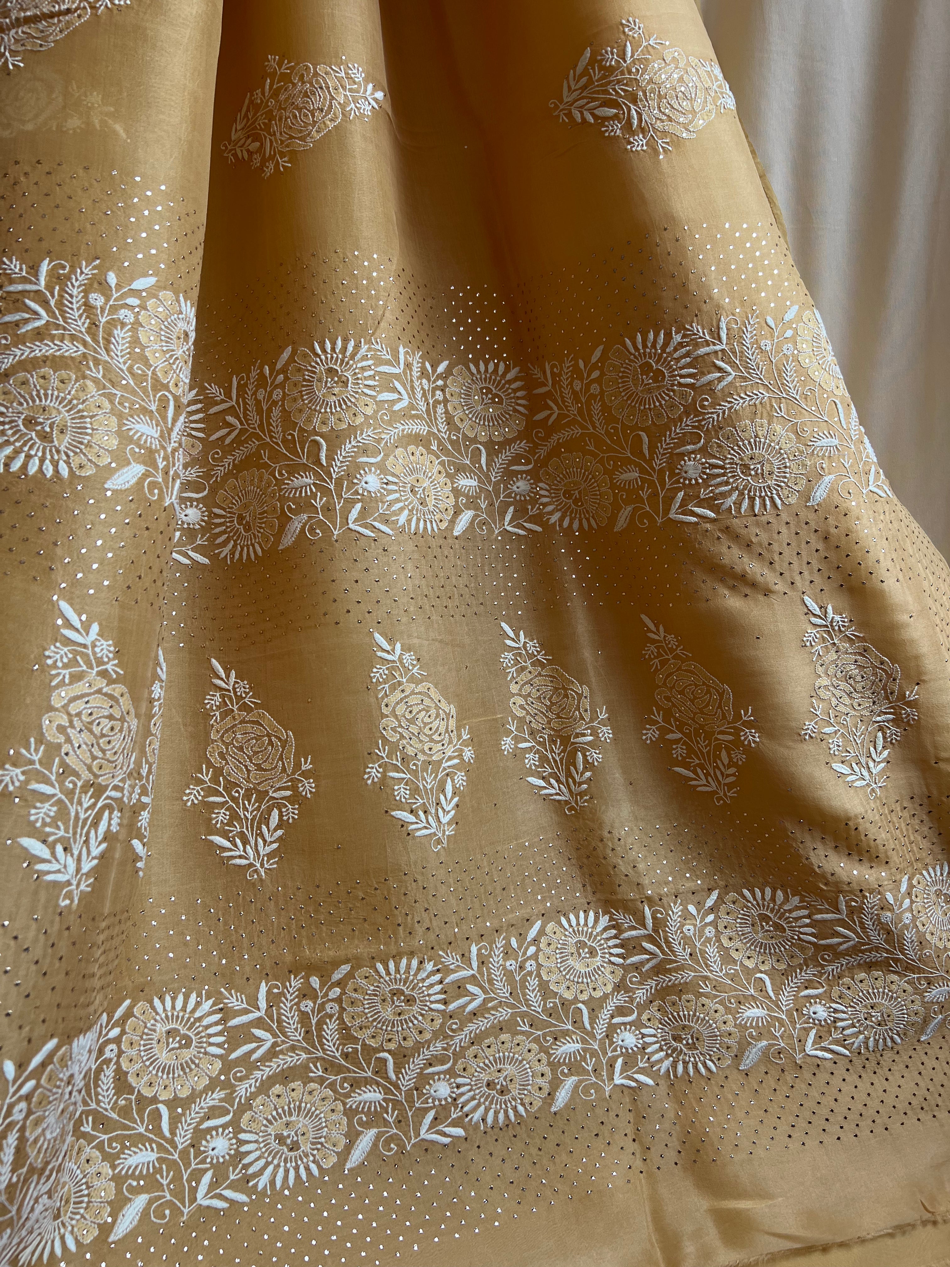 Pure organza Chikankari saree in Yellow with Mukaish work ARIAA CHIKANKARI