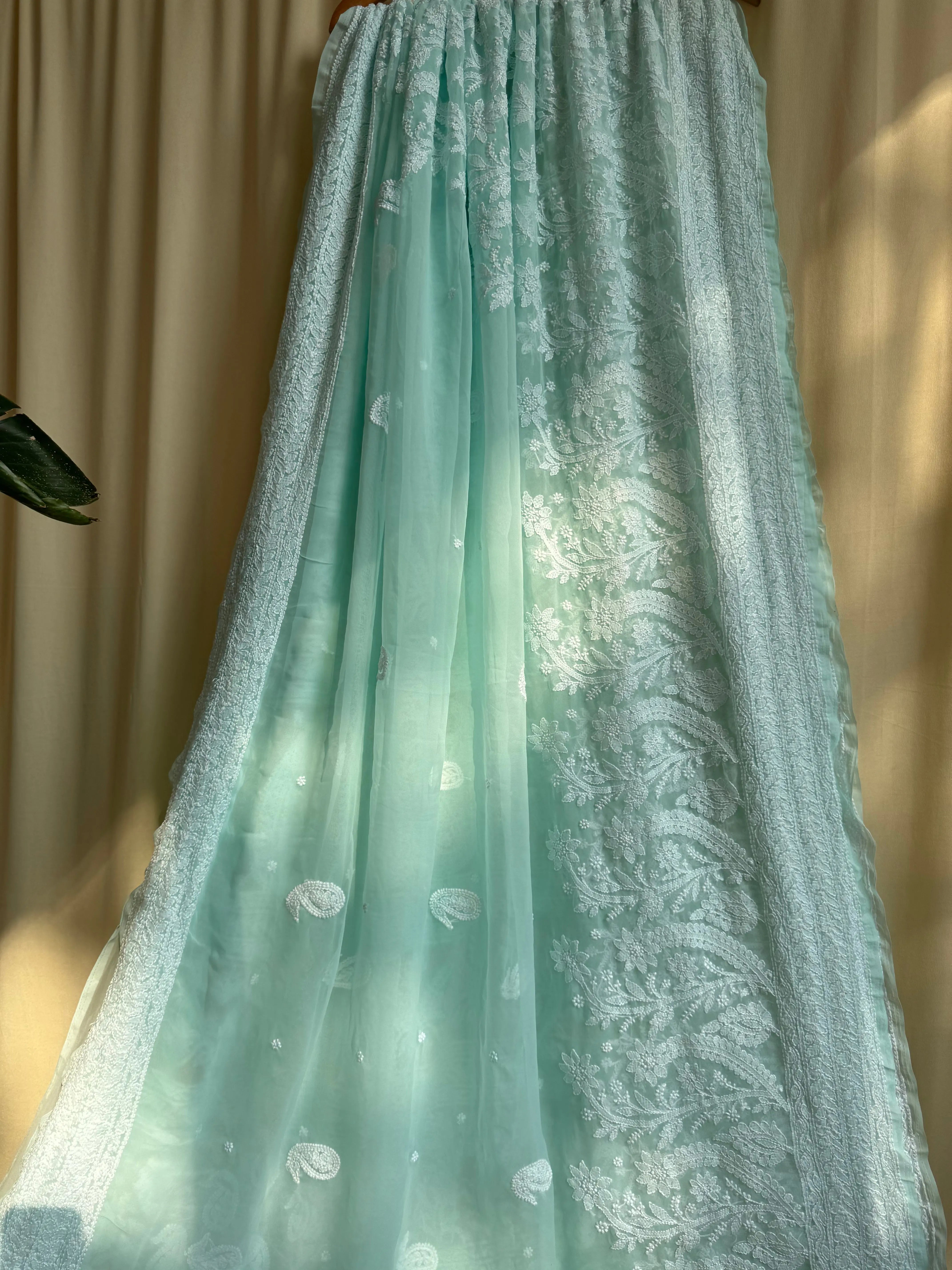 Georgette Chikankari saree in Sea Green ARIAA CHIKANKARI