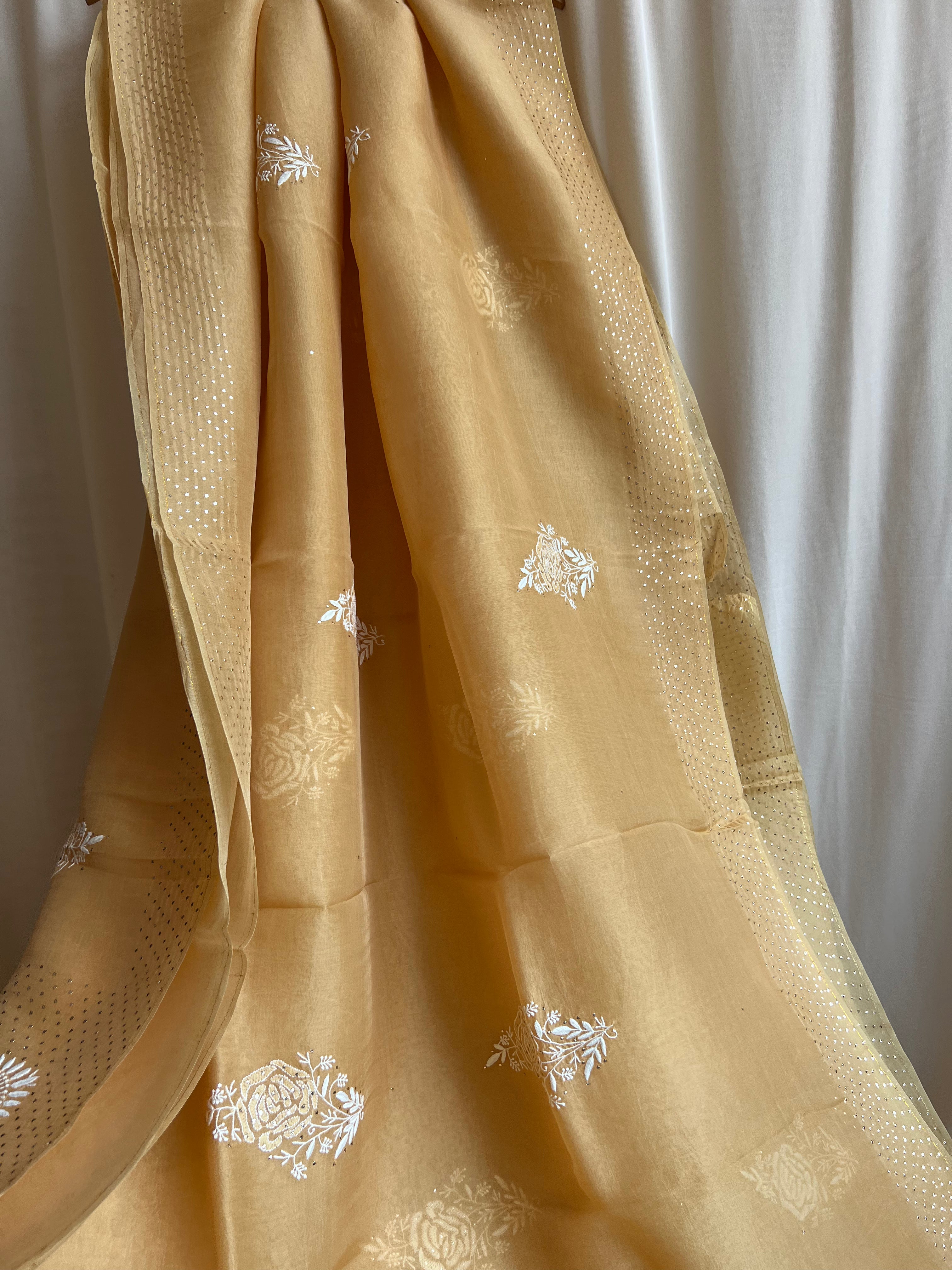 Pure organza Chikankari saree in Yellow with Mukaish work ARIAA CHIKANKARI