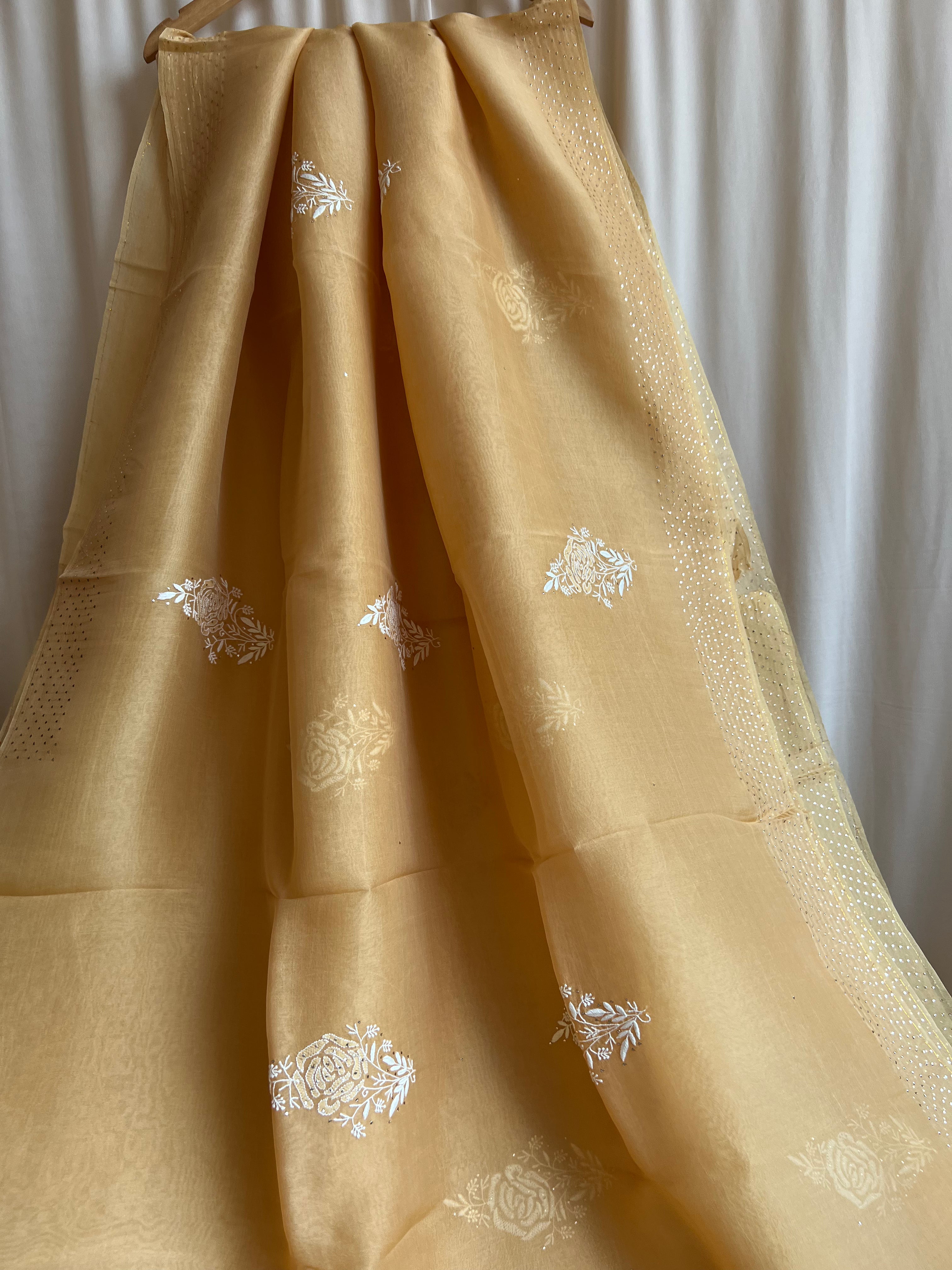 Pure organza Chikankari saree in Yellow with Mukaish work ARIAA CHIKANKARI