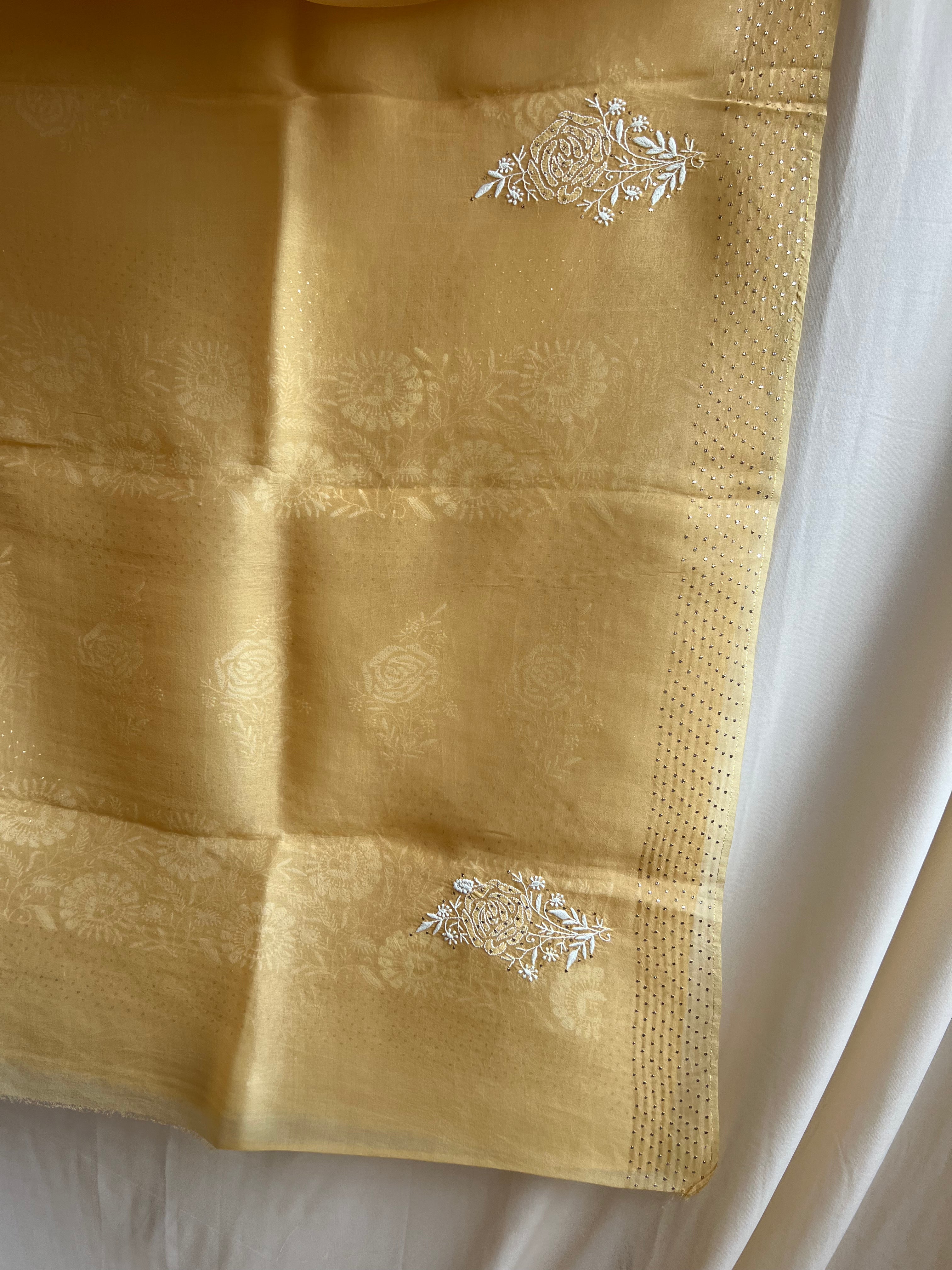 Pure organza Chikankari saree in Yellow with Mukaish work ARIAA CHIKANKARI