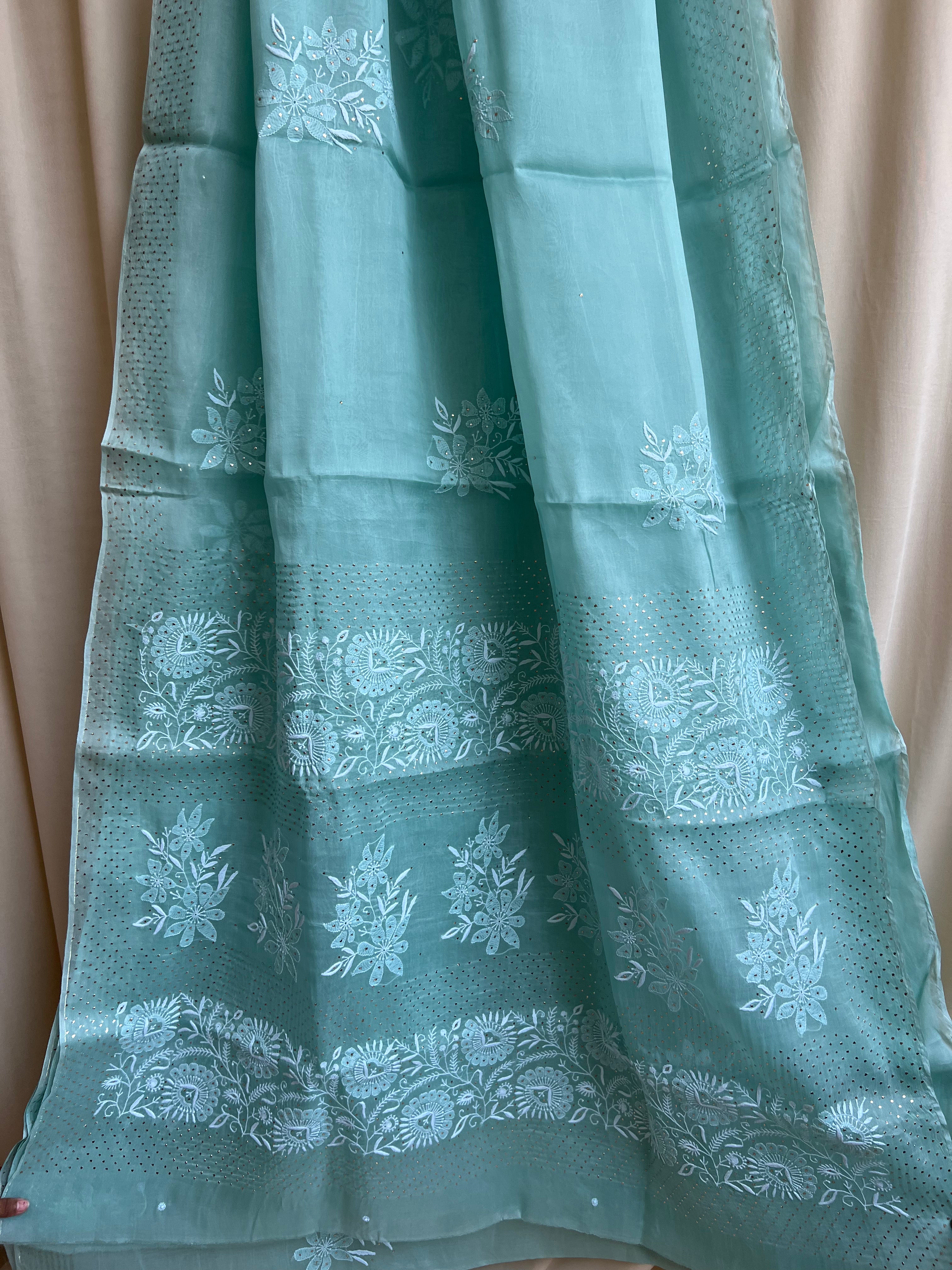 Pure organza Chikankari saree in Green with Mukaish work ARIAA CHIKANKARI