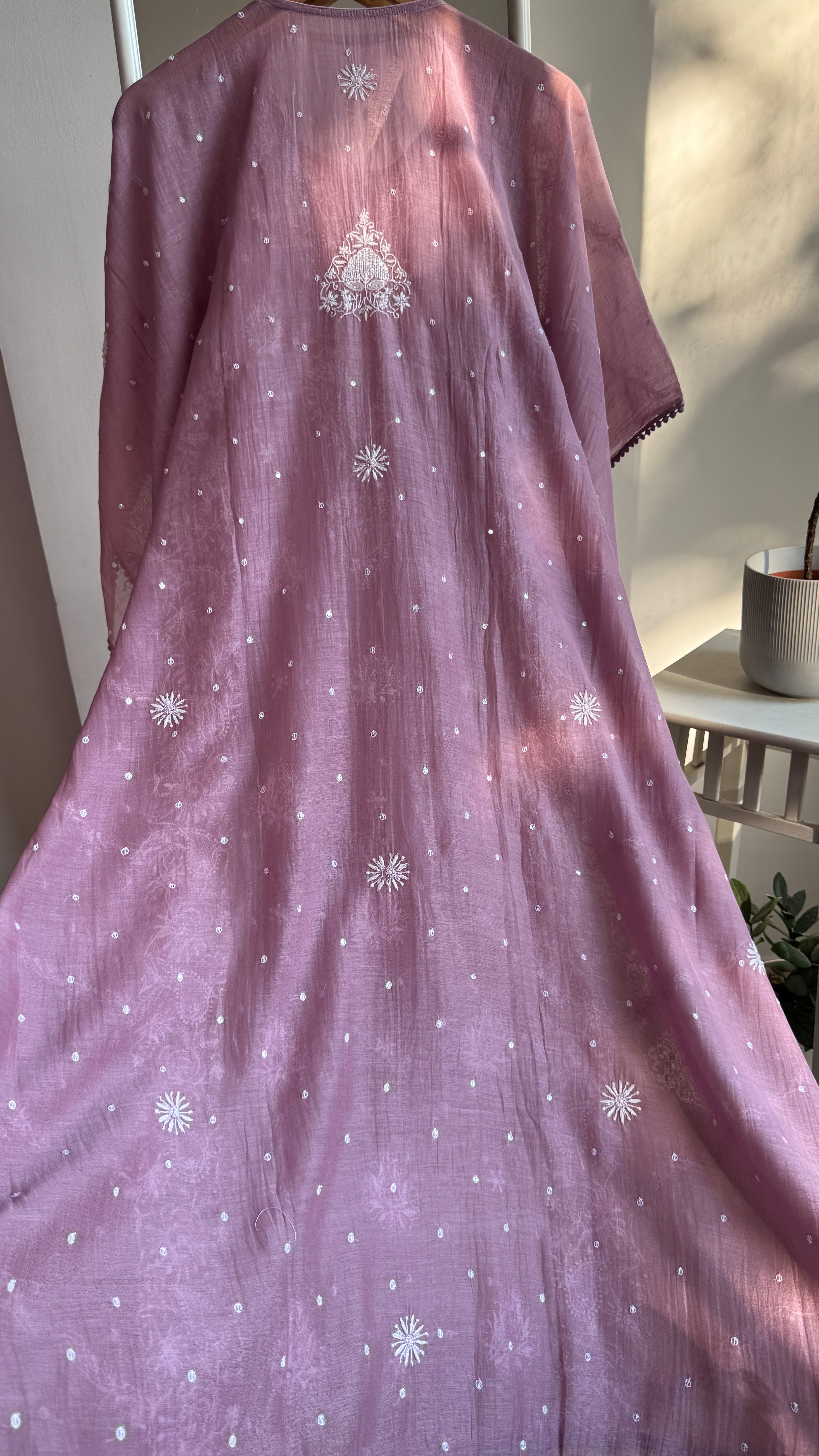 Mul Chanderi Chikankari Kaftan - Mauve