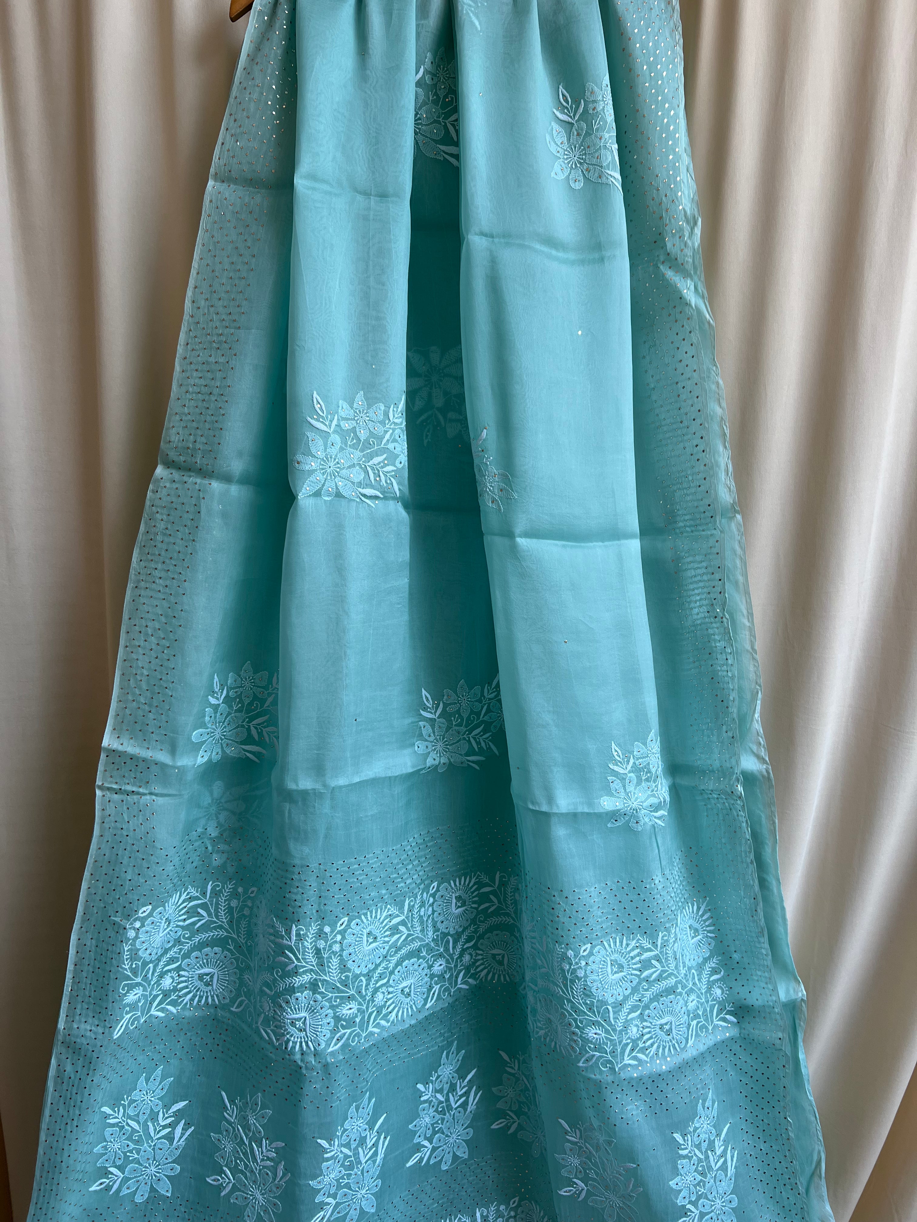 Pure organza Chikankari saree in Green with Mukaish work ARIAA CHIKANKARI