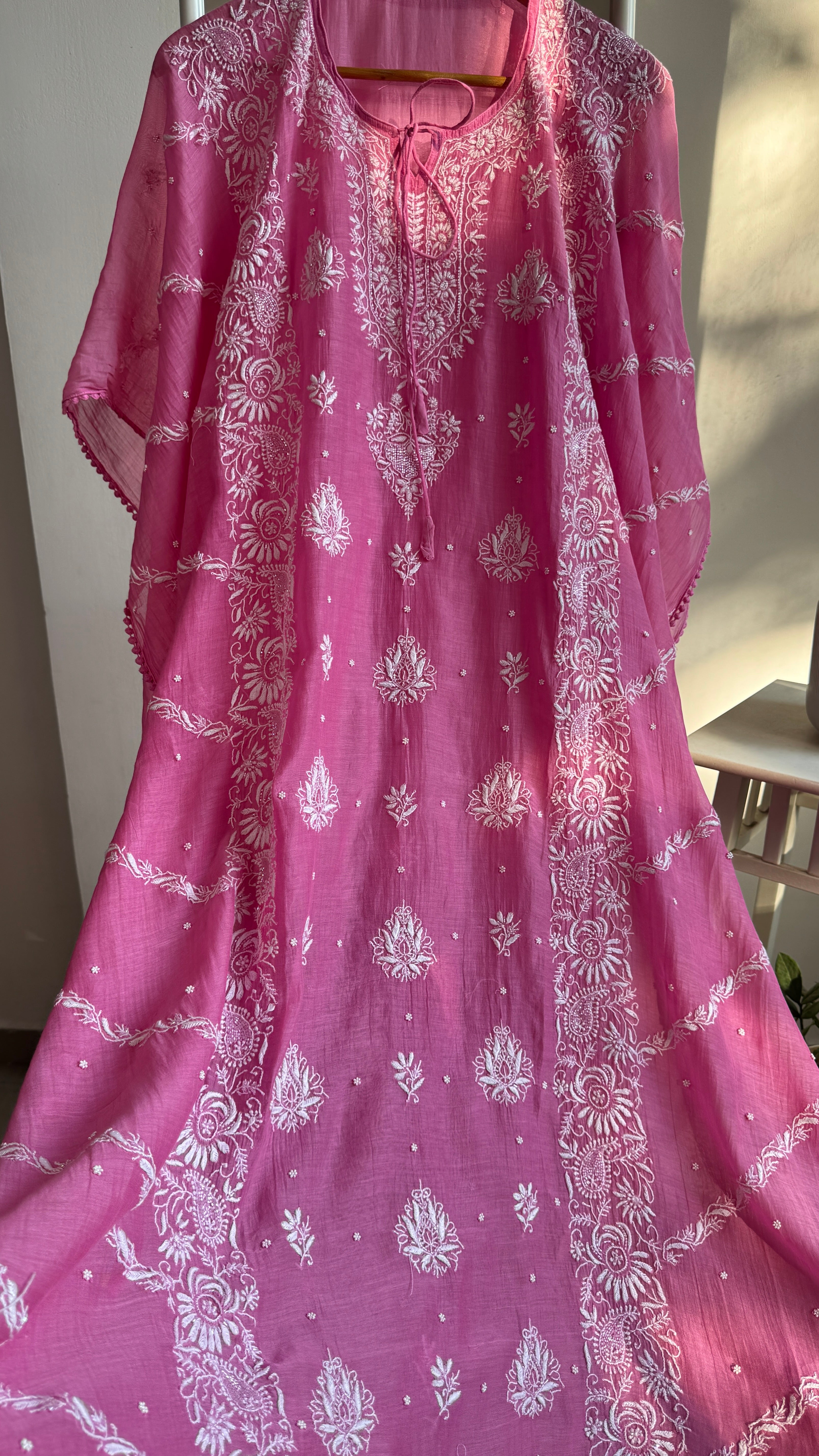 Mul Chanderi Chikankari Kaftan - Hot Pink
