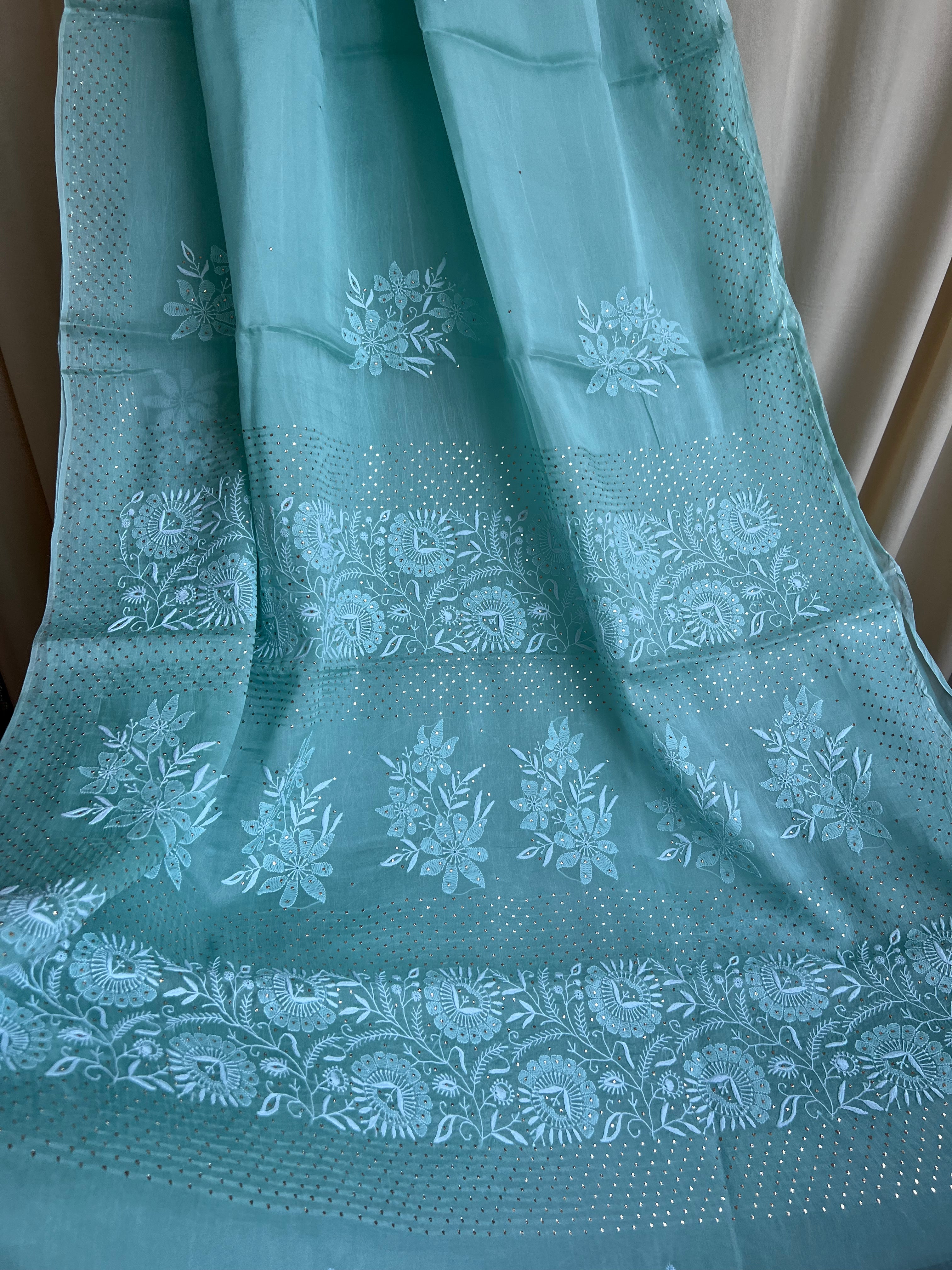 Pure organza Chikankari saree in Green with Mukaish work ARIAA CHIKANKARI
