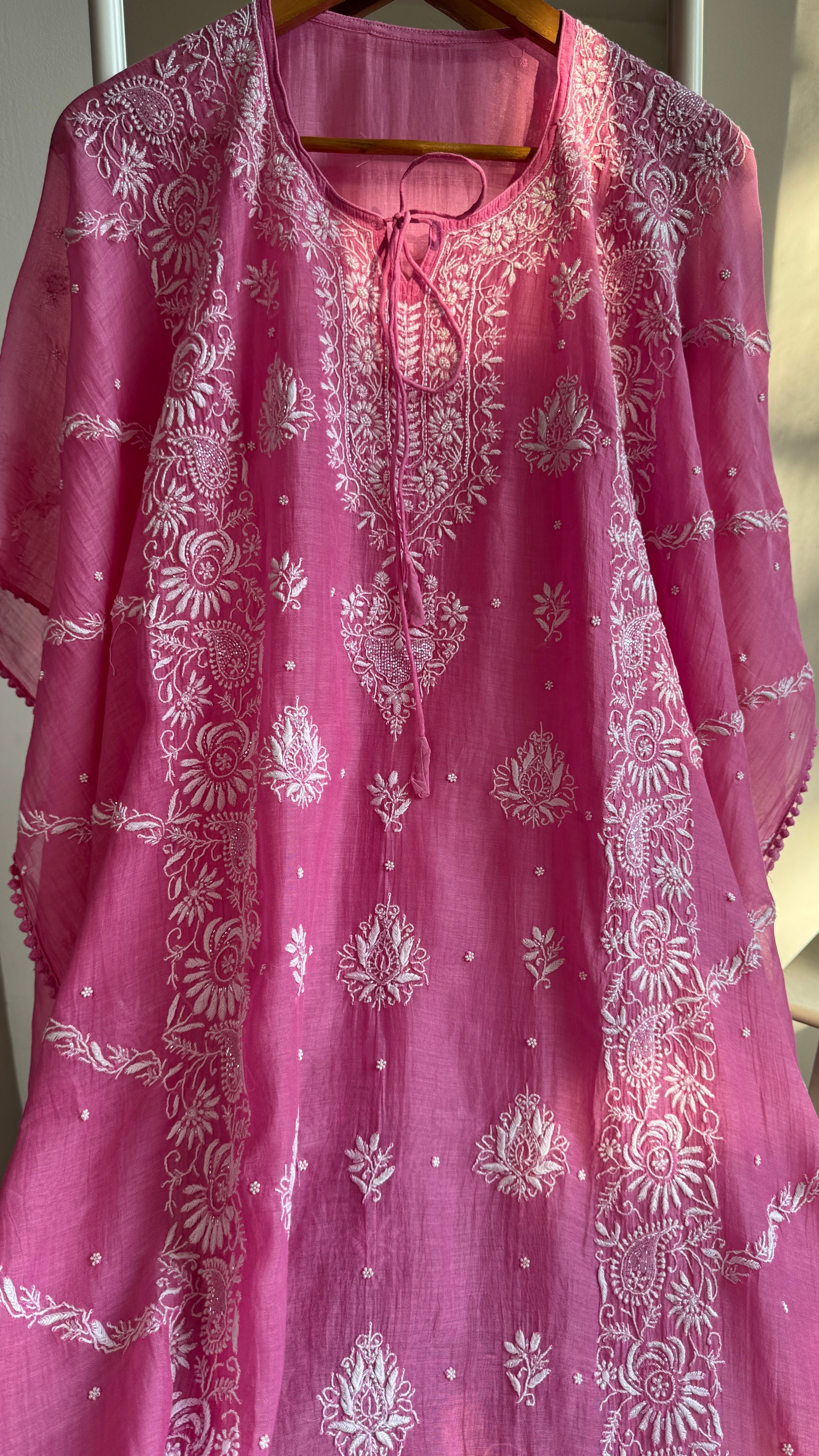 Mul Chanderi Chikankari Kaftan - Hot Pink