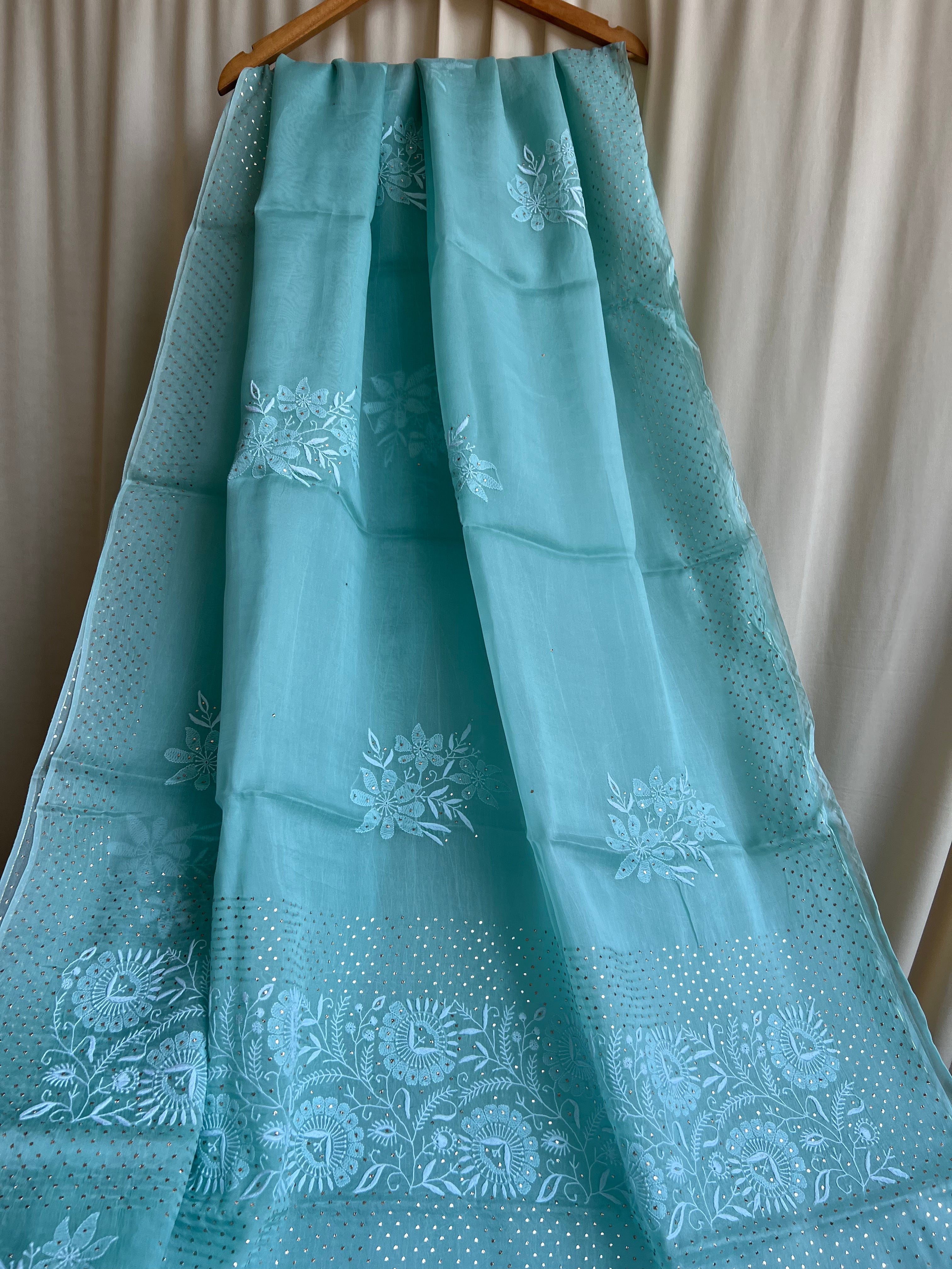 Pure organza Chikankari saree in Green with Mukaish work ARIAA CHIKANKARI
