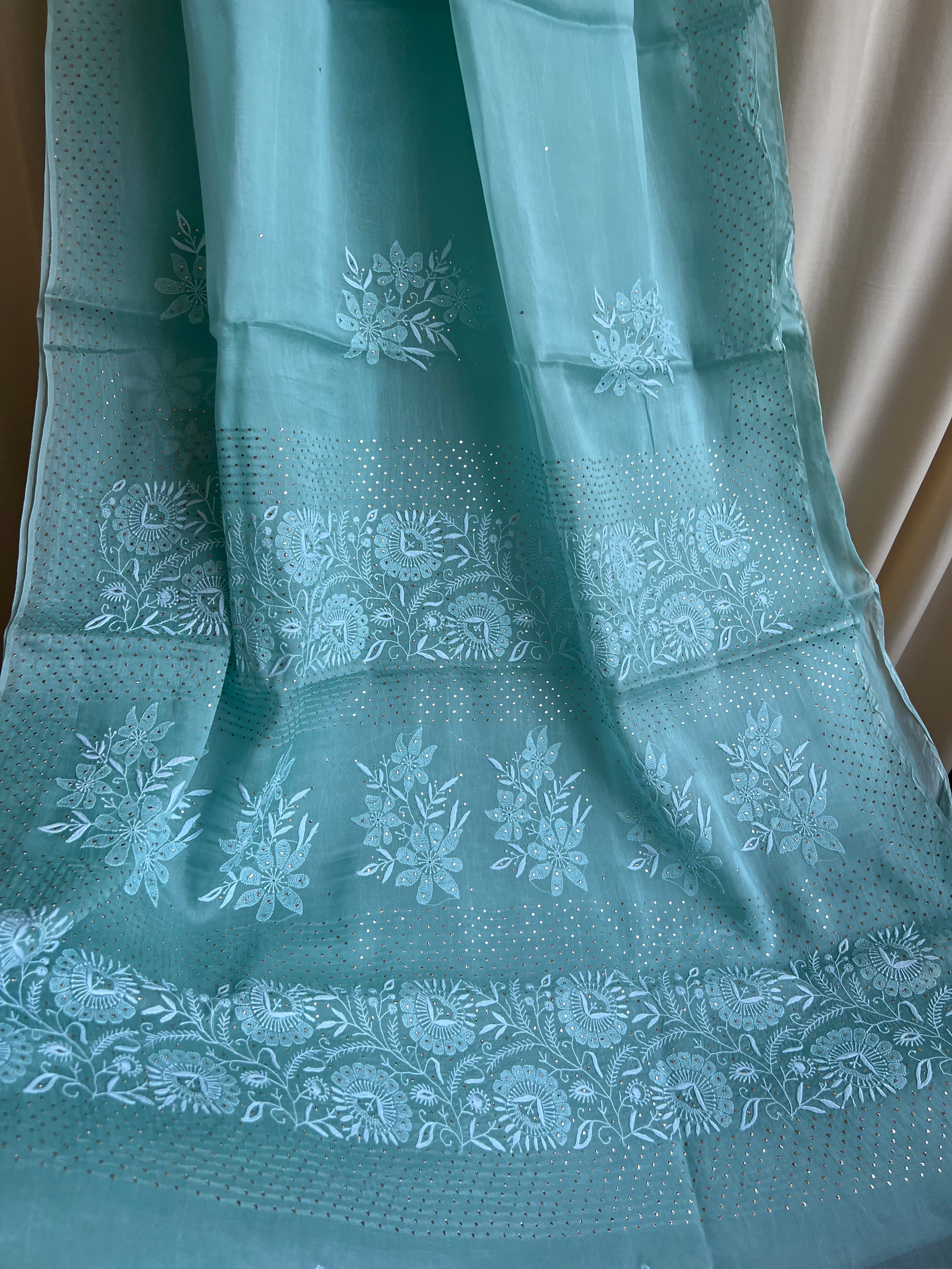 Pure organza Chikankari saree in Green with Mukaish work ARIAA CHIKANKARI