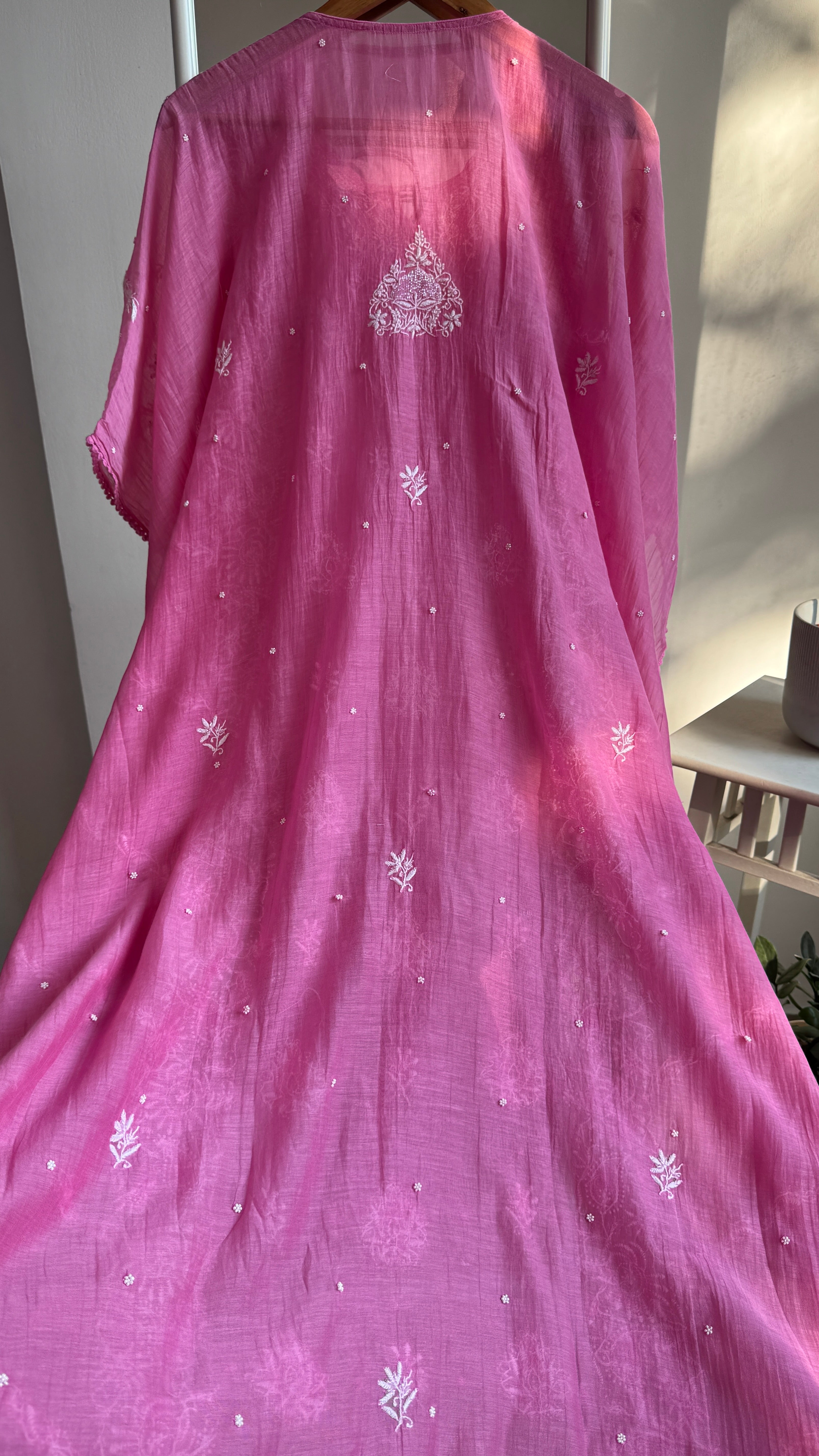 Mul Chanderi Chikankari Kaftan - Hot Pink