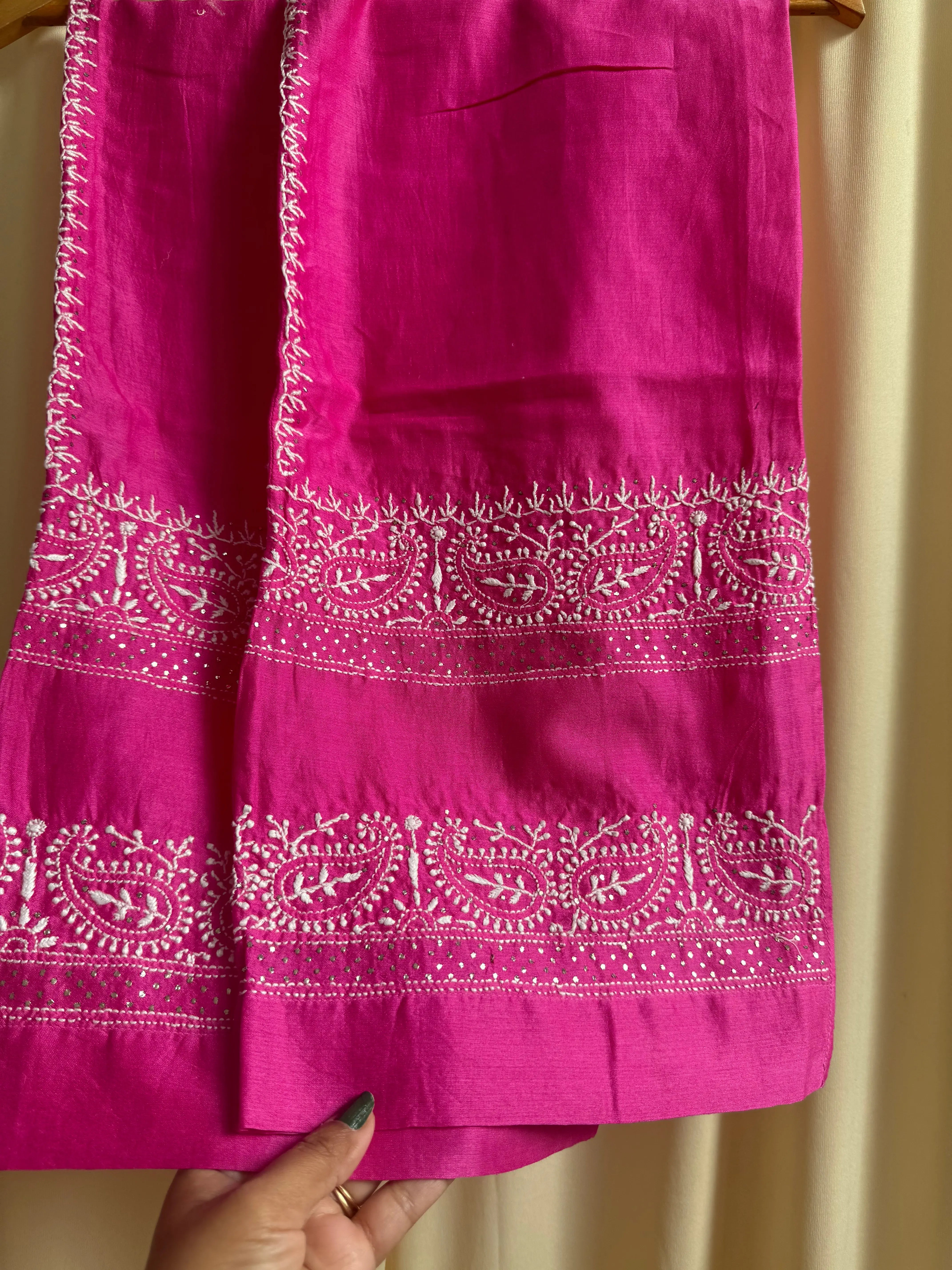 Chanderi Chikankari Cord Set with Mukaish Detailing - Hot Pink ARIAA CHIKANKARI