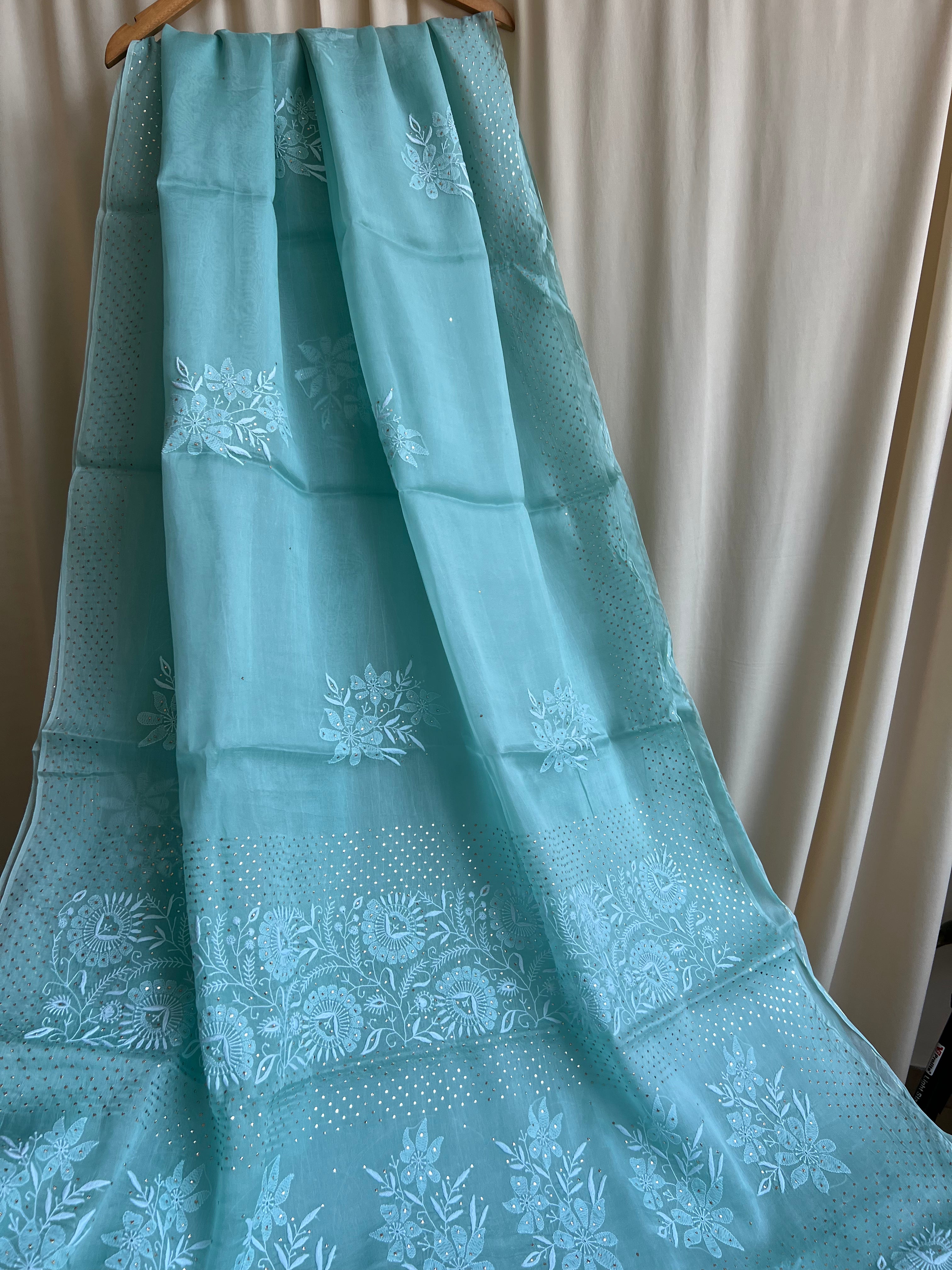 Pure organza Chikankari saree in Green with Mukaish work ARIAA CHIKANKARI
