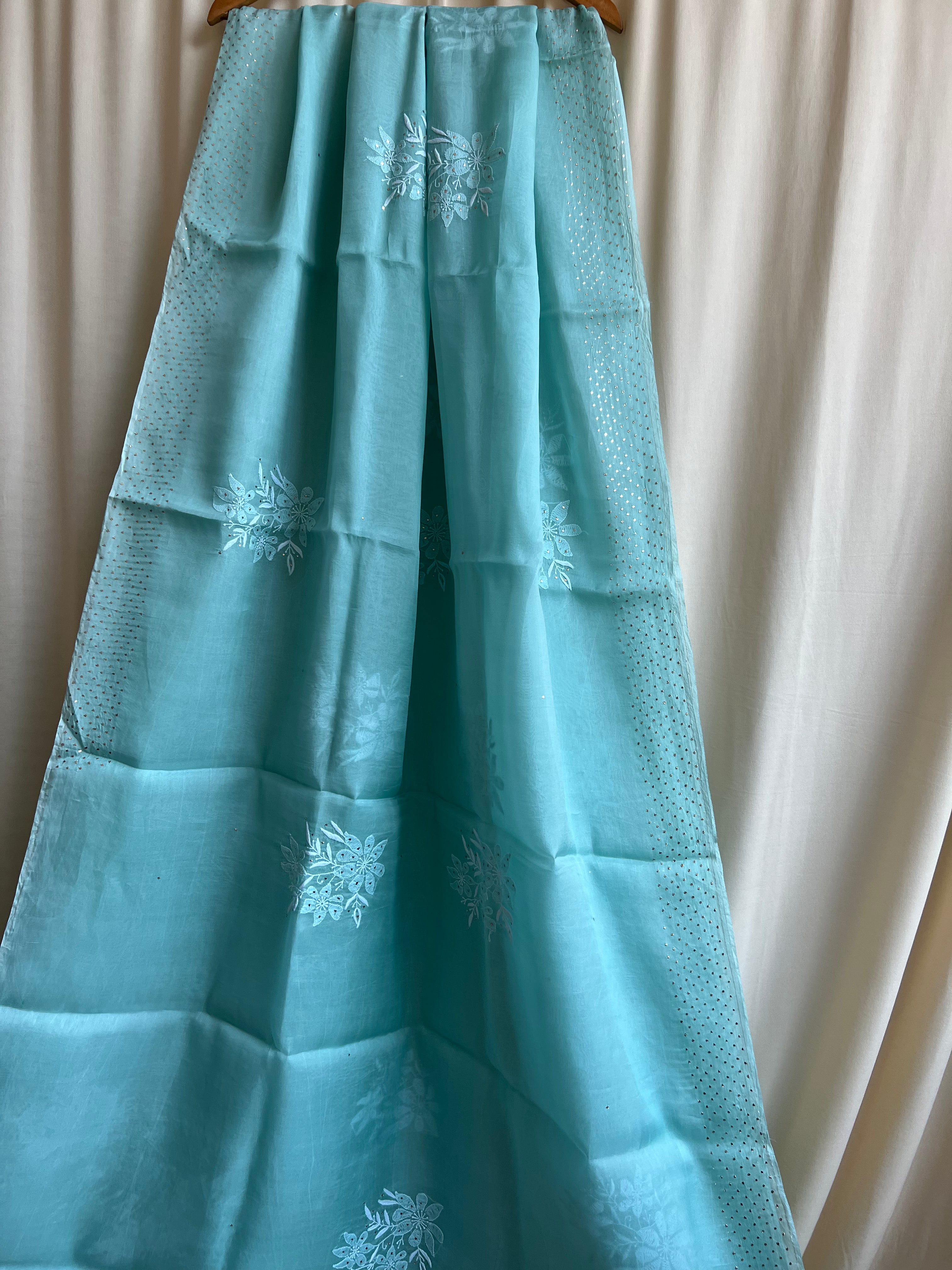 Pure organza Chikankari saree in Green with Mukaish work ARIAA CHIKANKARI