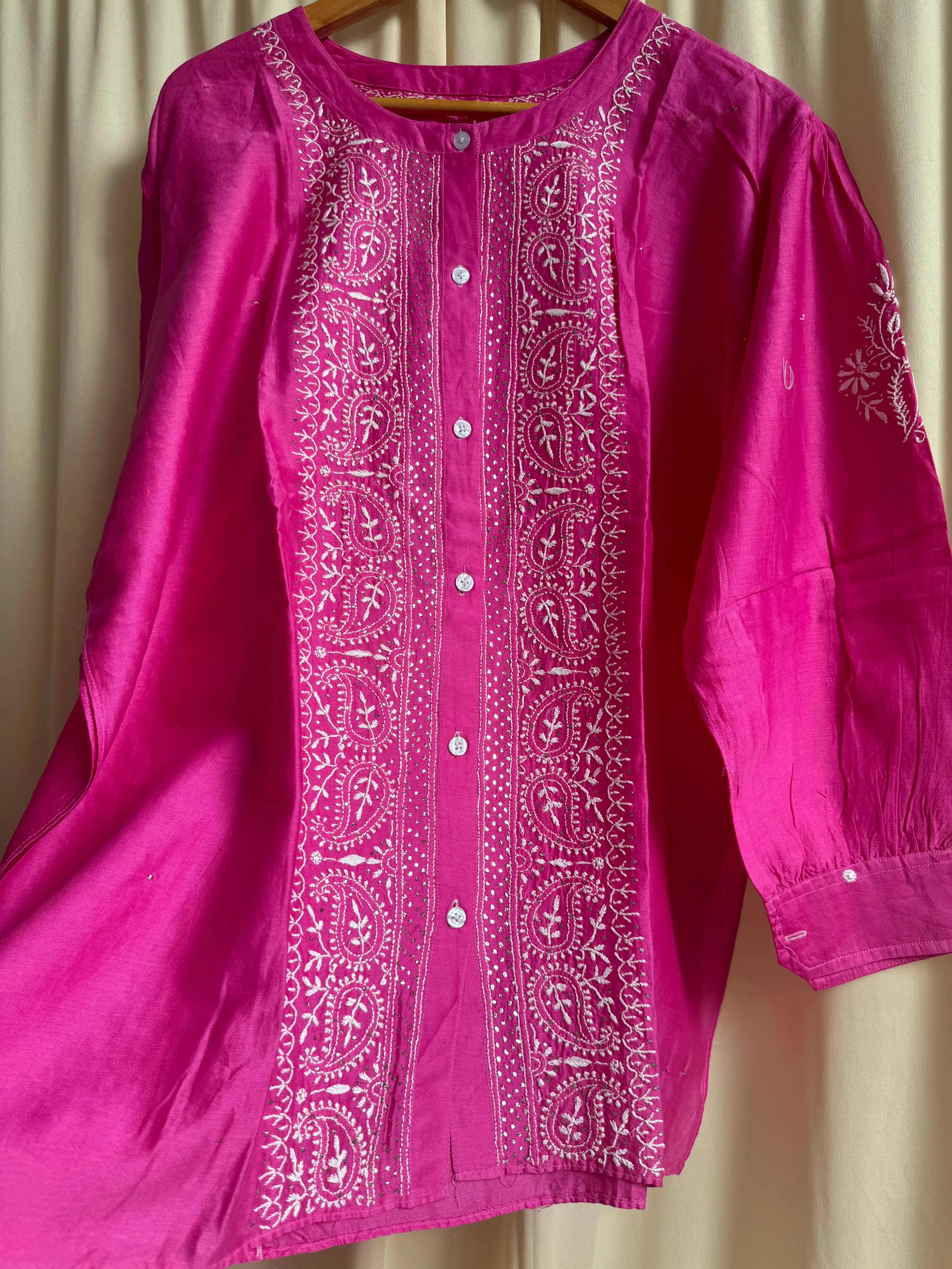 Chanderi Chikankari Cord Set with Mukaish Detailing - Hot Pink ARIAA CHIKANKARI