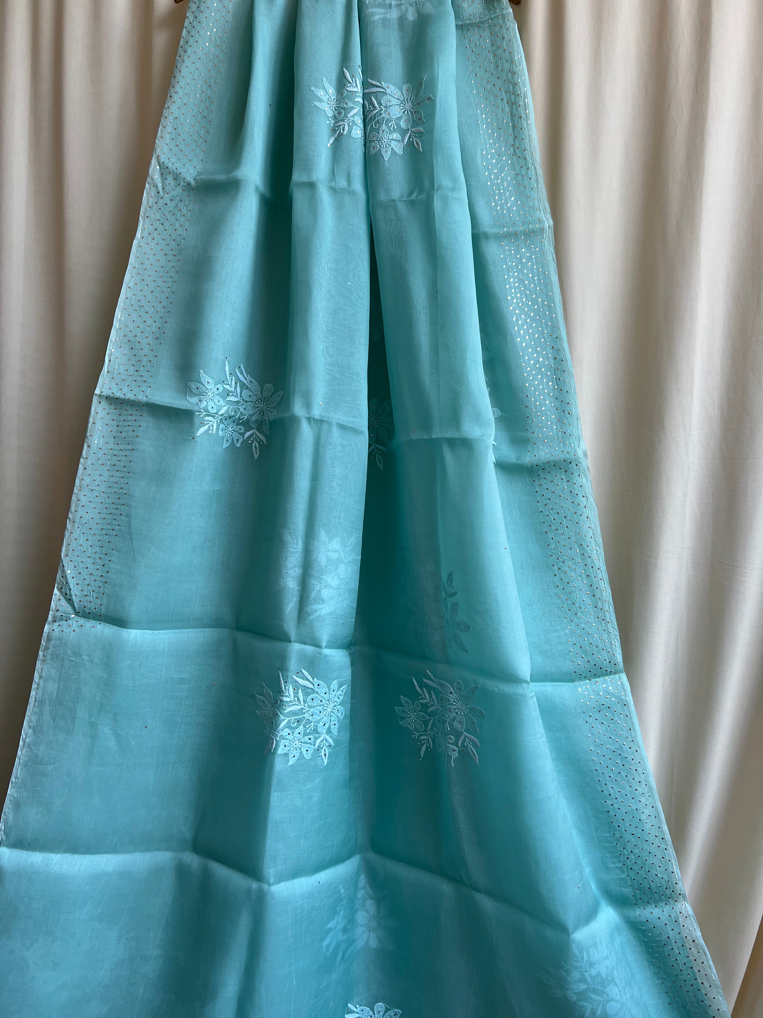 Pure organza Chikankari saree in Green with Mukaish work ARIAA CHIKANKARI
