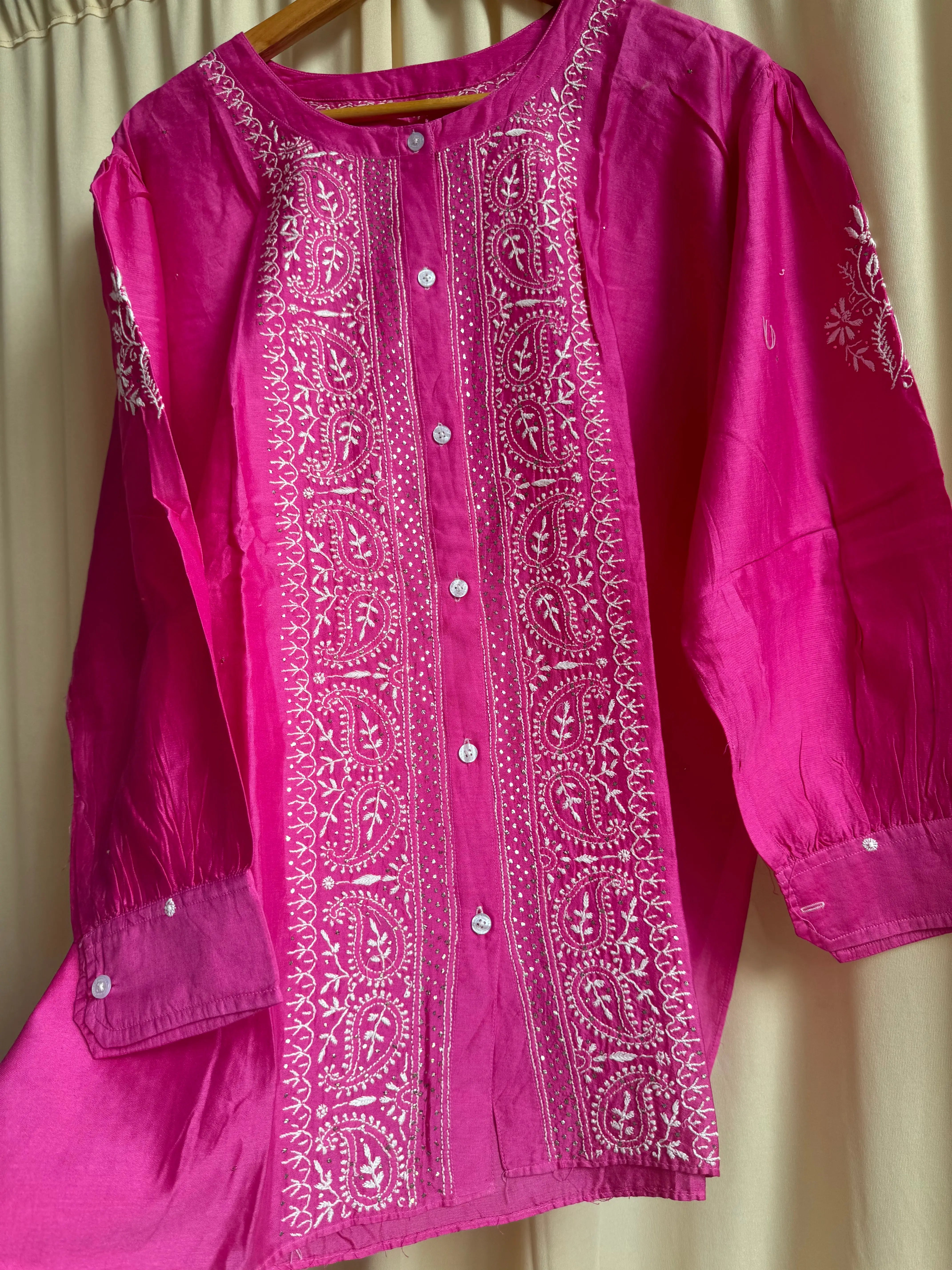 Chanderi Chikankari Cord Set with Mukaish Detailing - Hot Pink ARIAA CHIKANKARI