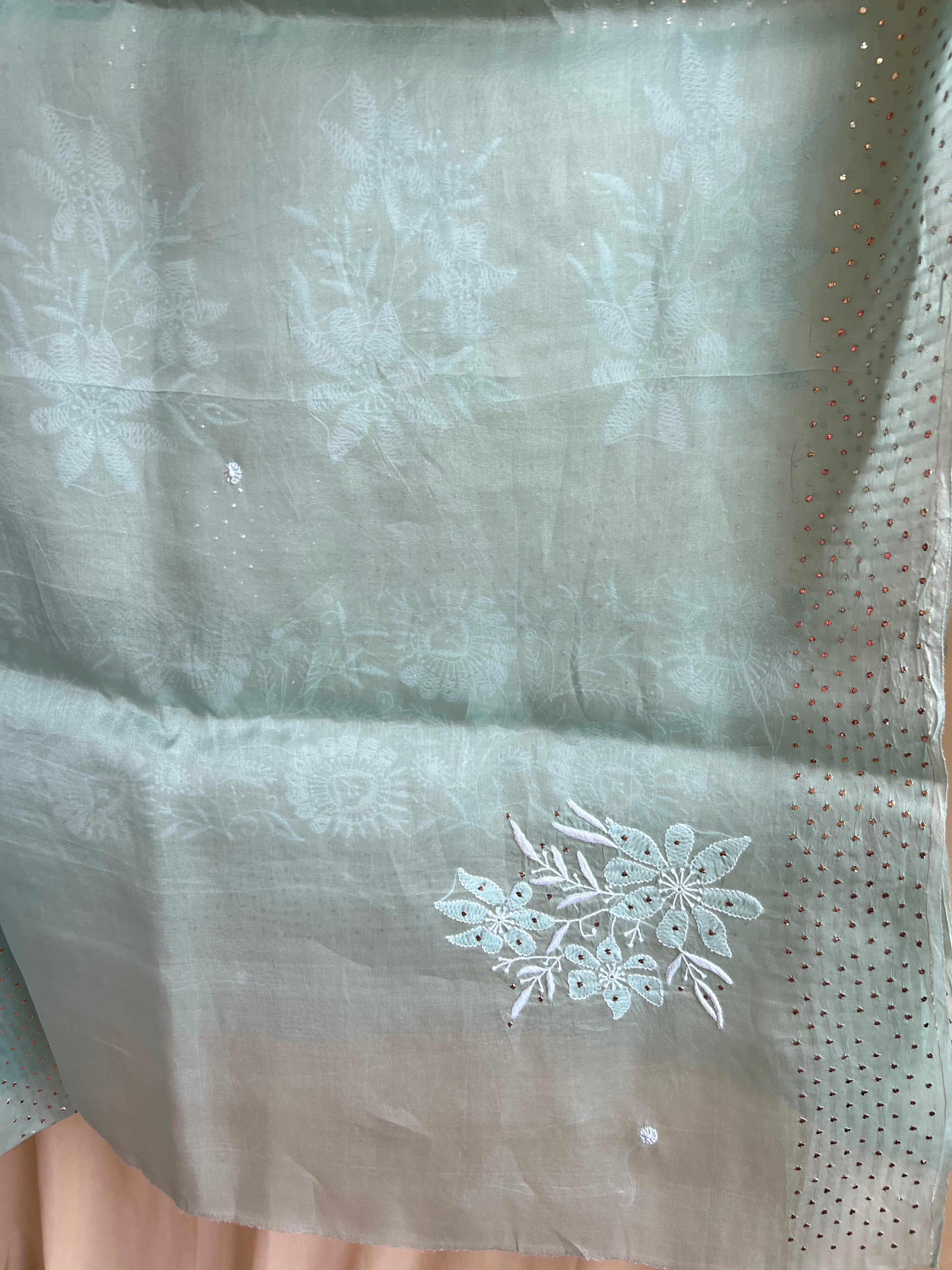 Pure organza Chikankari saree in Green with Mukaish work ARIAA CHIKANKARI