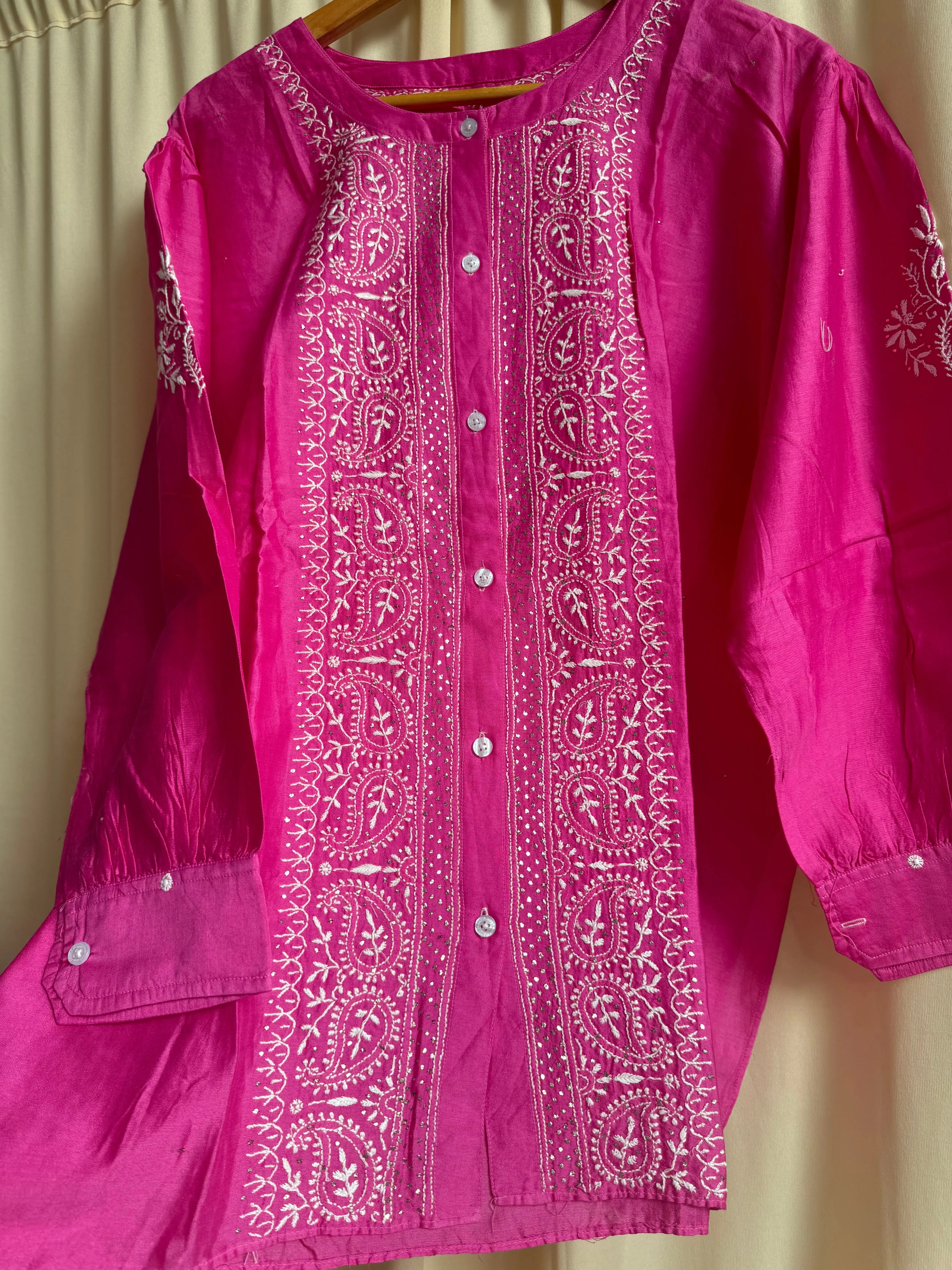 Chanderi Chikankari Cord Set with Mukaish Detailing - Hot Pink ARIAA CHIKANKARI