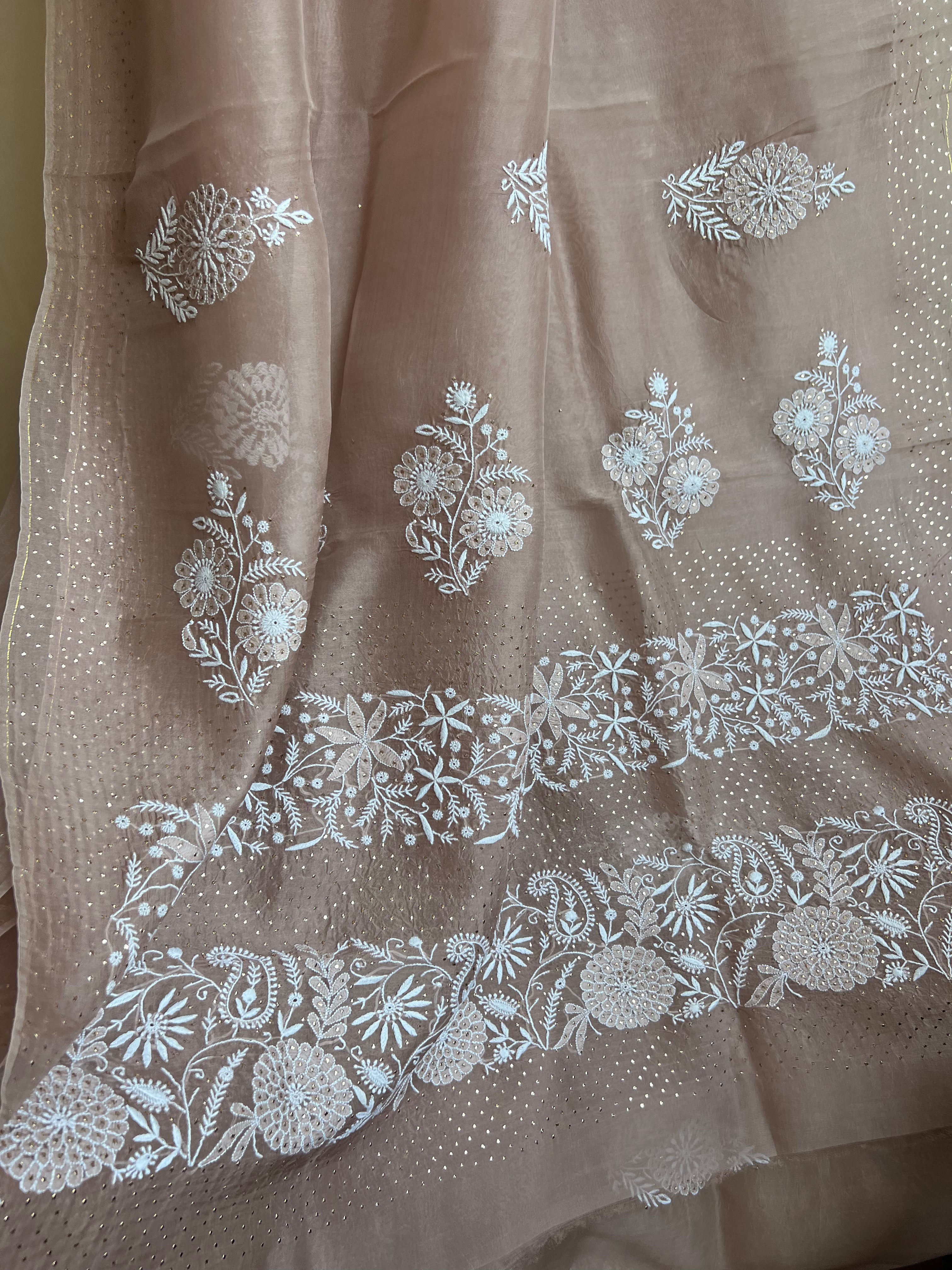 Pure organza Chikankari saree in Soft Brown with Mukaish work ARIAA CHIKANKARI