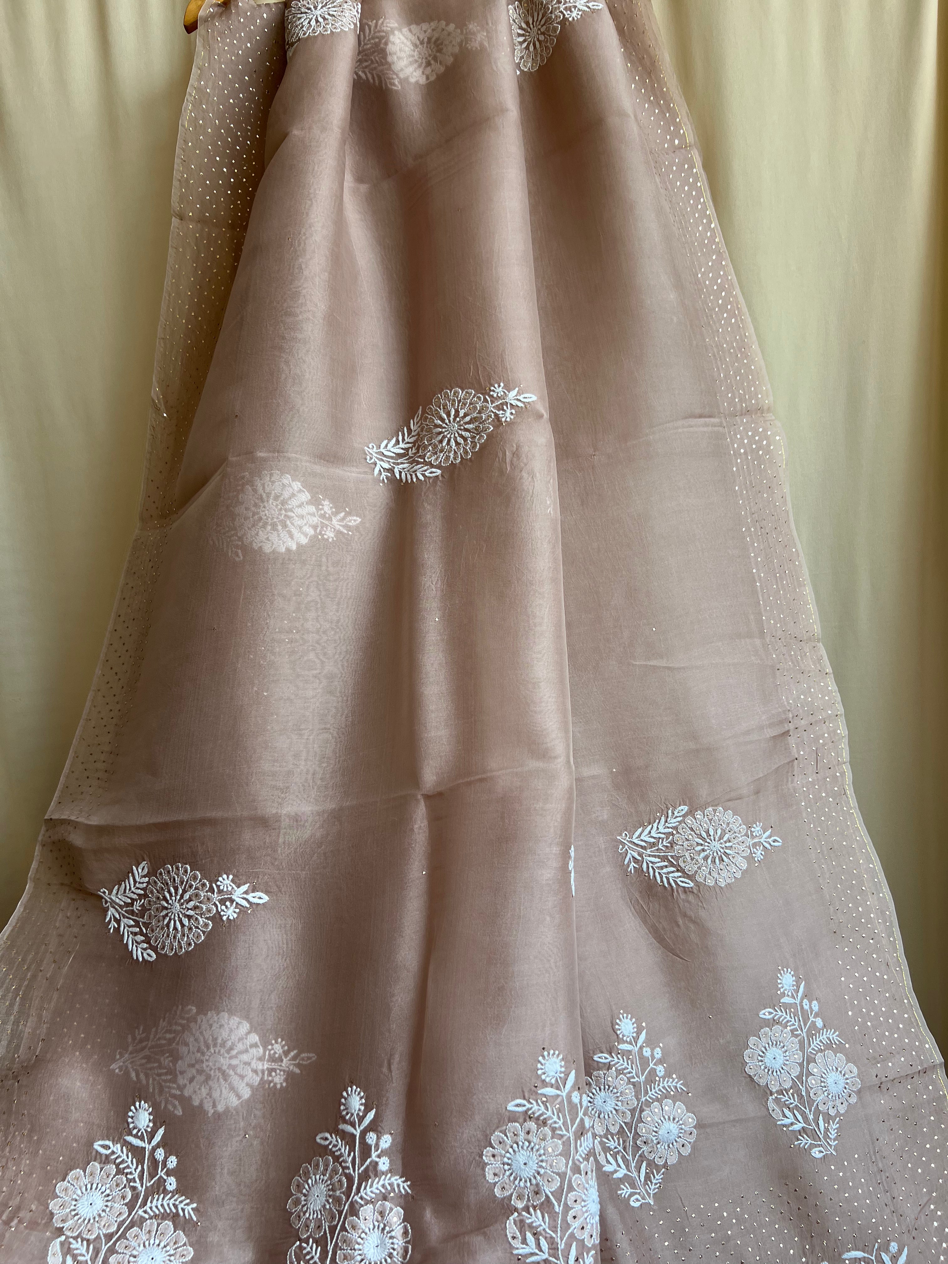 Pure organza Chikankari saree in Soft Brown with Mukaish work ARIAA CHIKANKARI