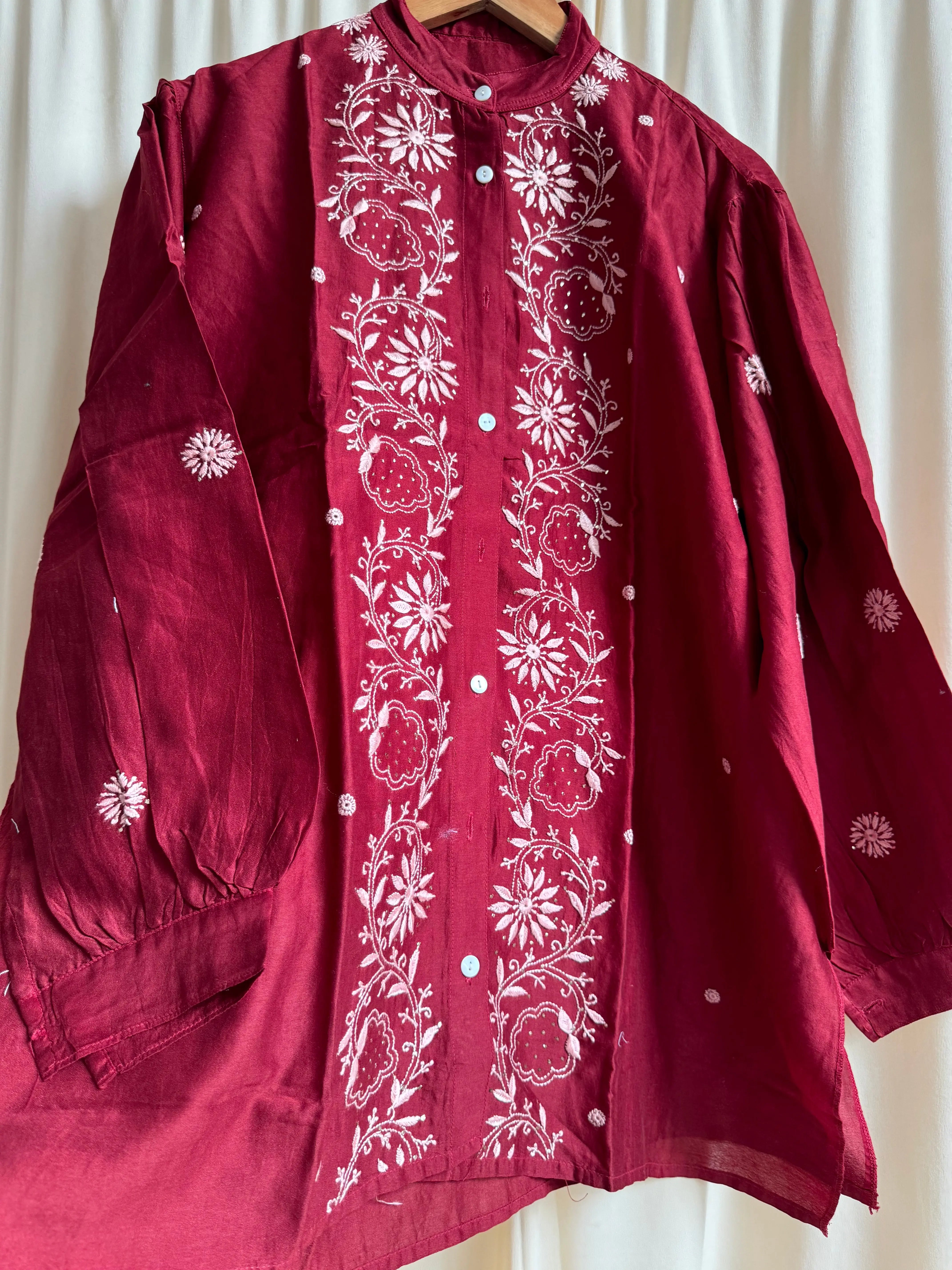 Chanderi Chikankari Cord Set with Mukaish Detailing - Maroon ARIAA CHIKANKARI