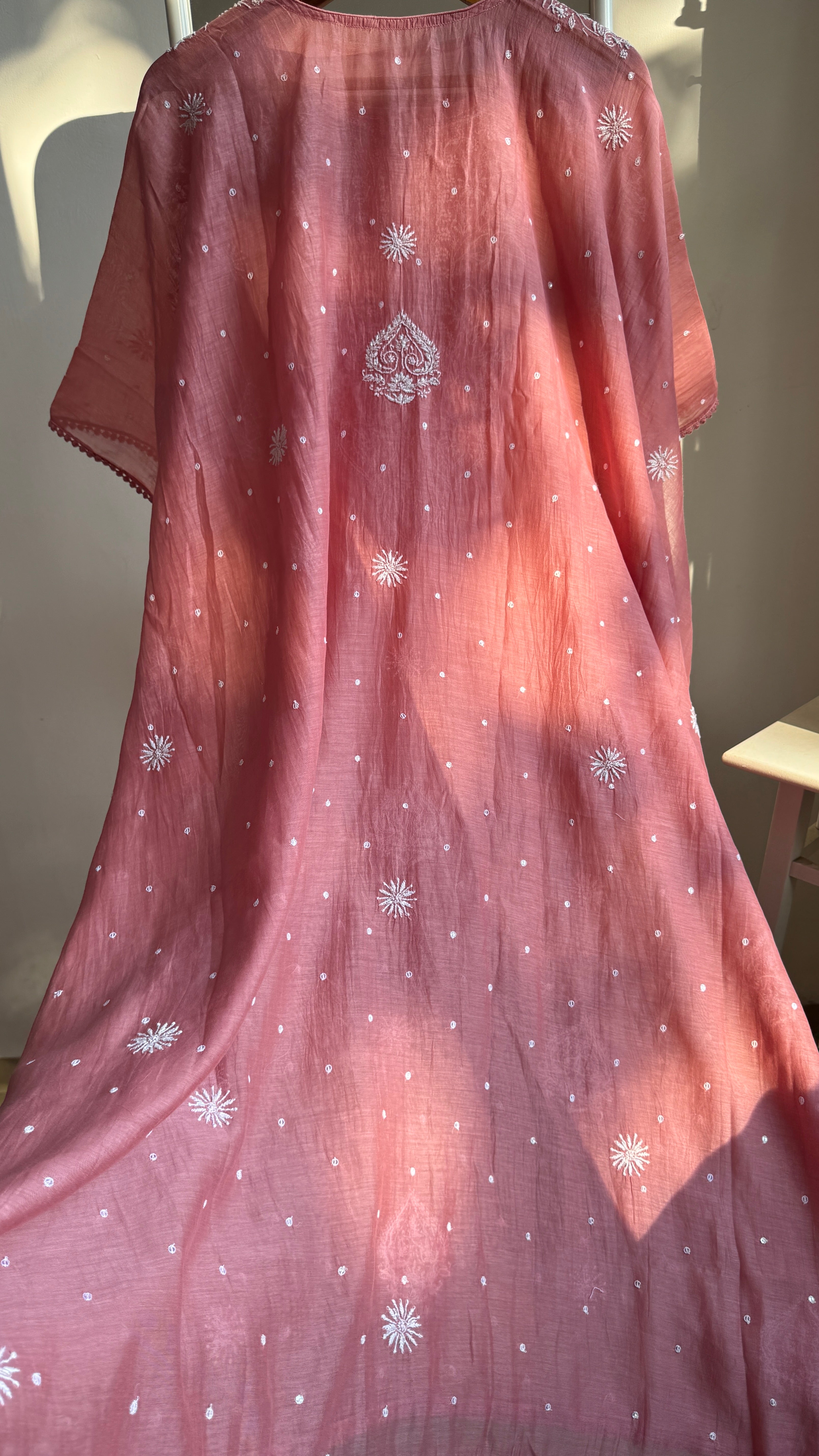 Mul Chanderi Chikankari Kaftan - Rosewood