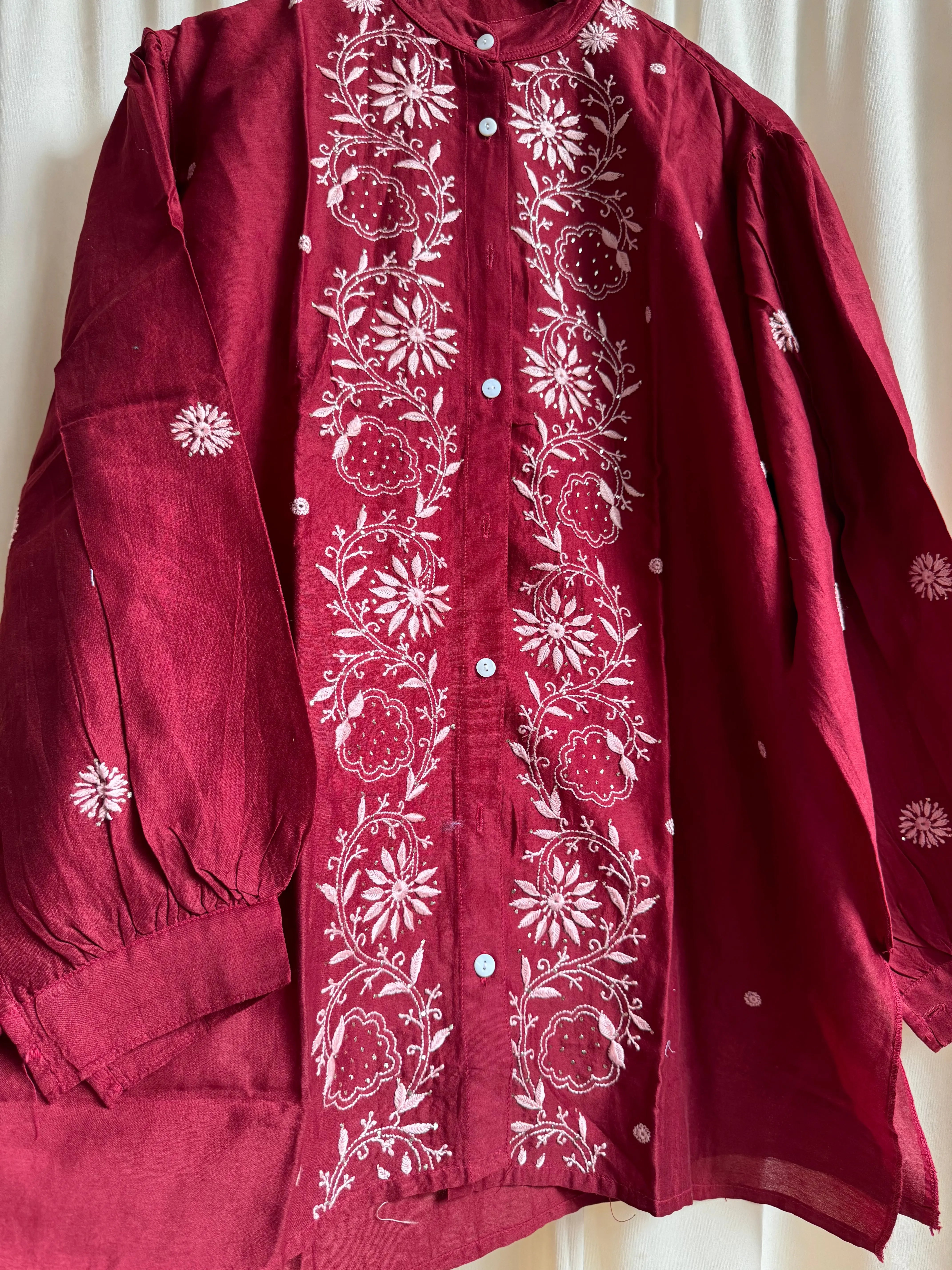 Chanderi Chikankari Cord Set with Mukaish Detailing - Maroon ARIAA CHIKANKARI