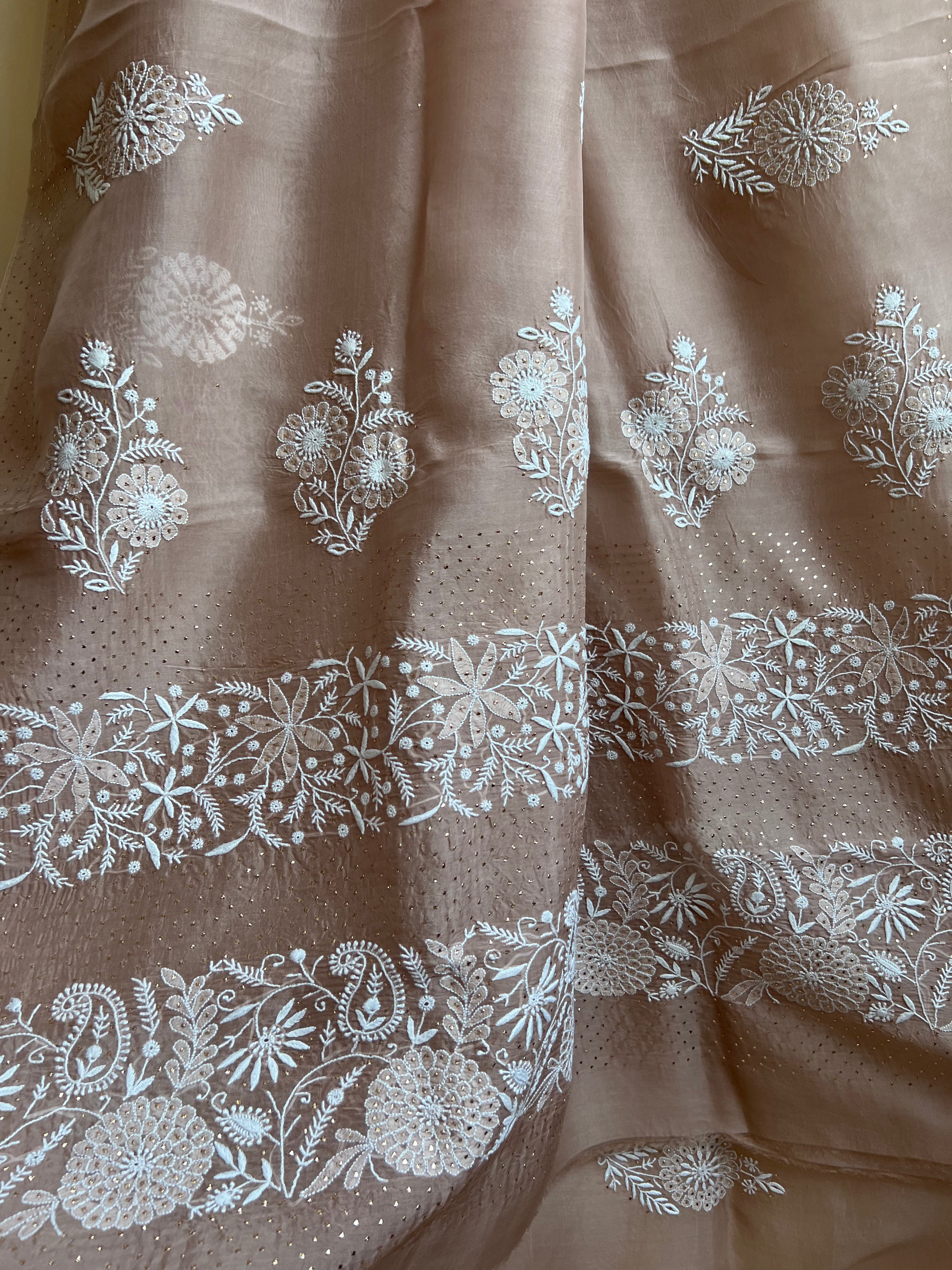 Pure organza Chikankari saree in Soft Brown with Mukaish work ARIAA CHIKANKARI