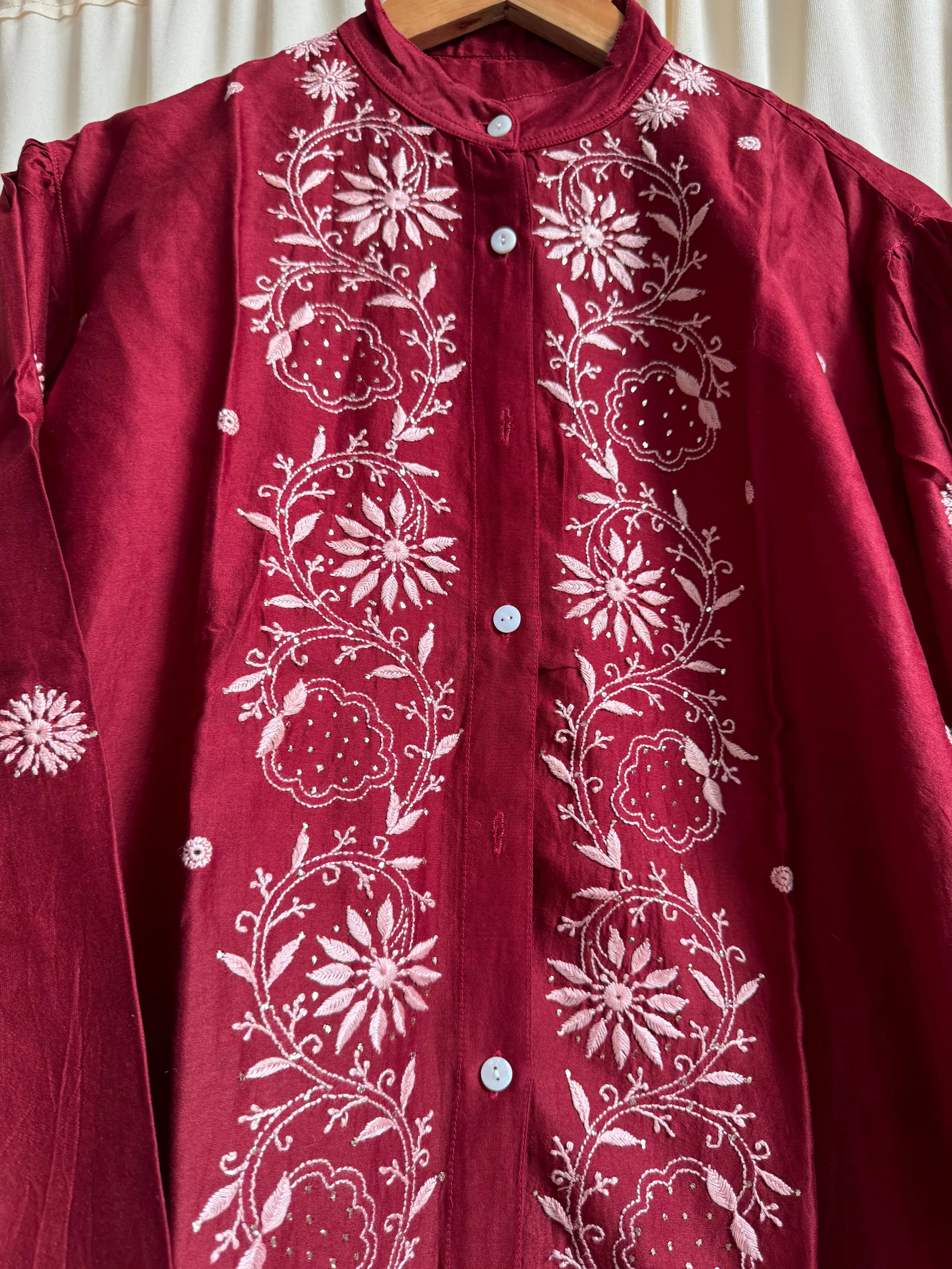 Chanderi Chikankari Cord Set with Mukaish Detailing - Maroon ARIAA CHIKANKARI