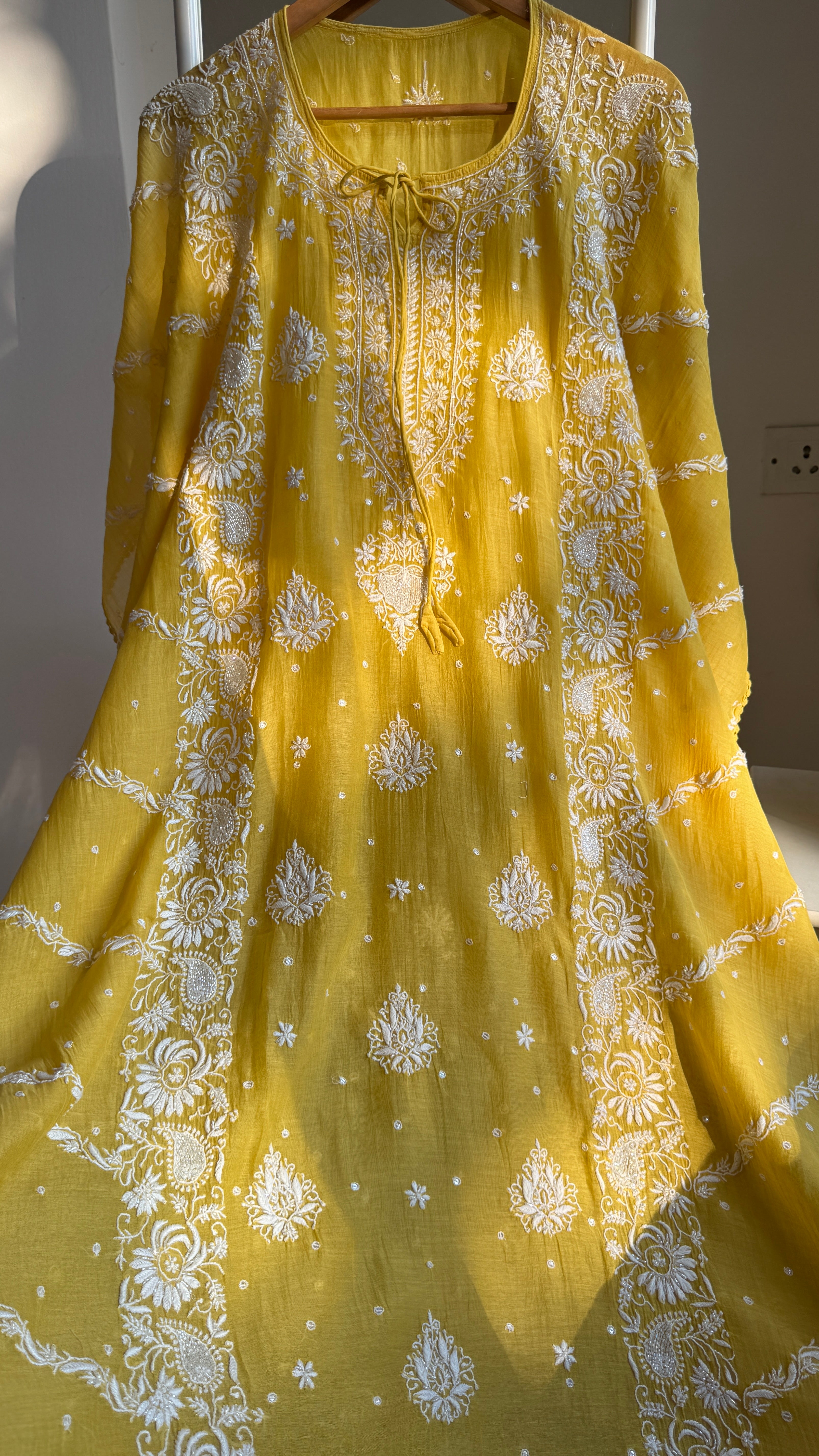 Mul Chanderi Chikankari Kaftan - Yellow