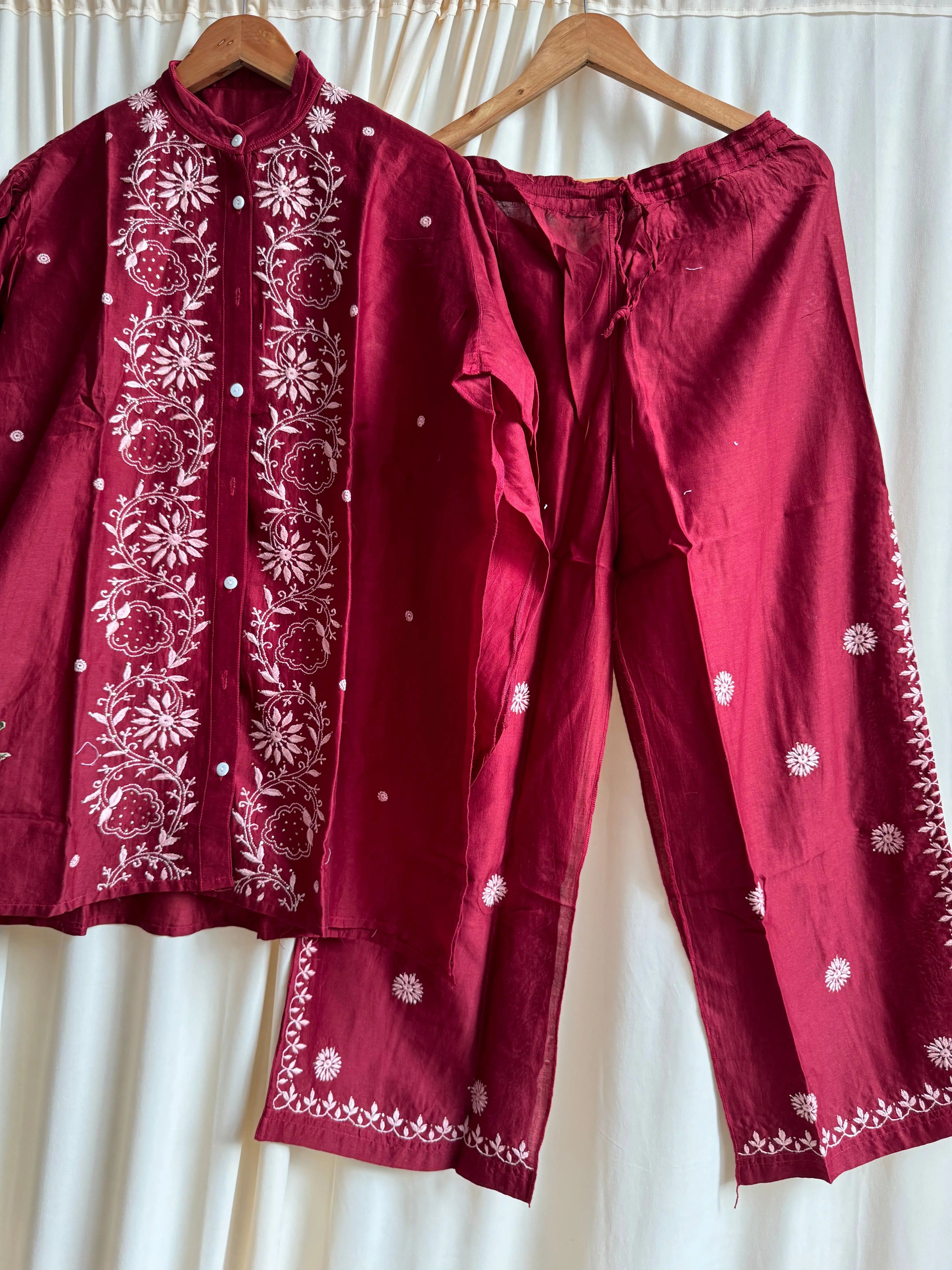Chanderi Chikankari Cord Set with Mukaish Detailing - Maroon ARIAA CHIKANKARI
