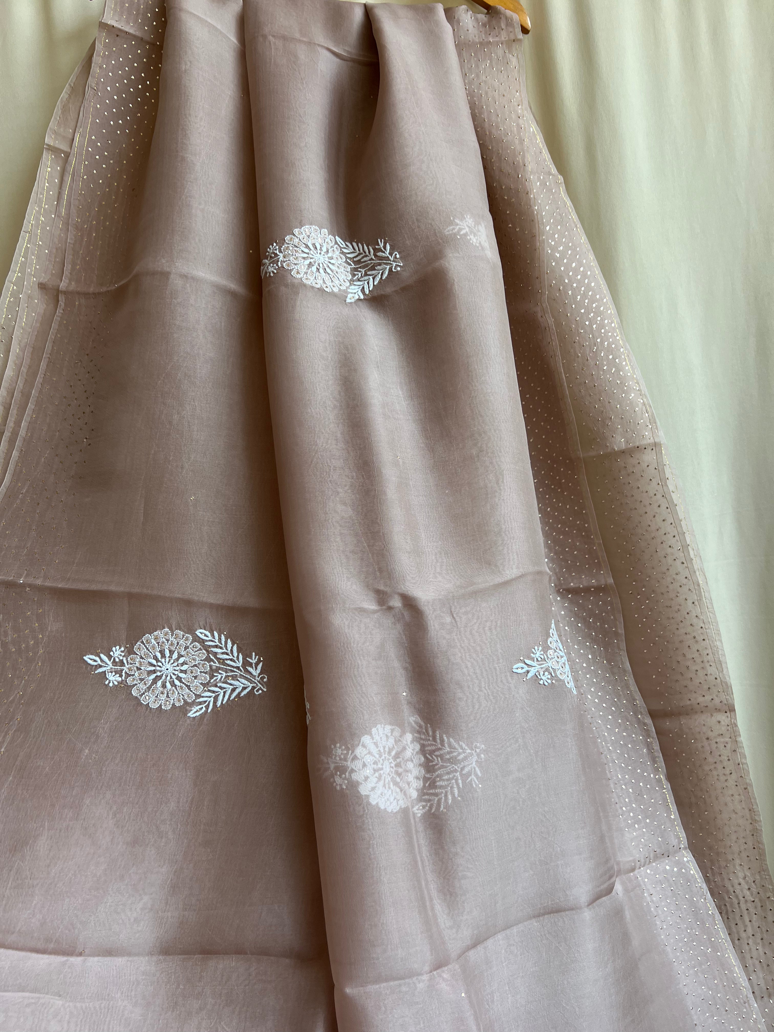 Pure organza Chikankari saree in Soft Brown with Mukaish work ARIAA CHIKANKARI