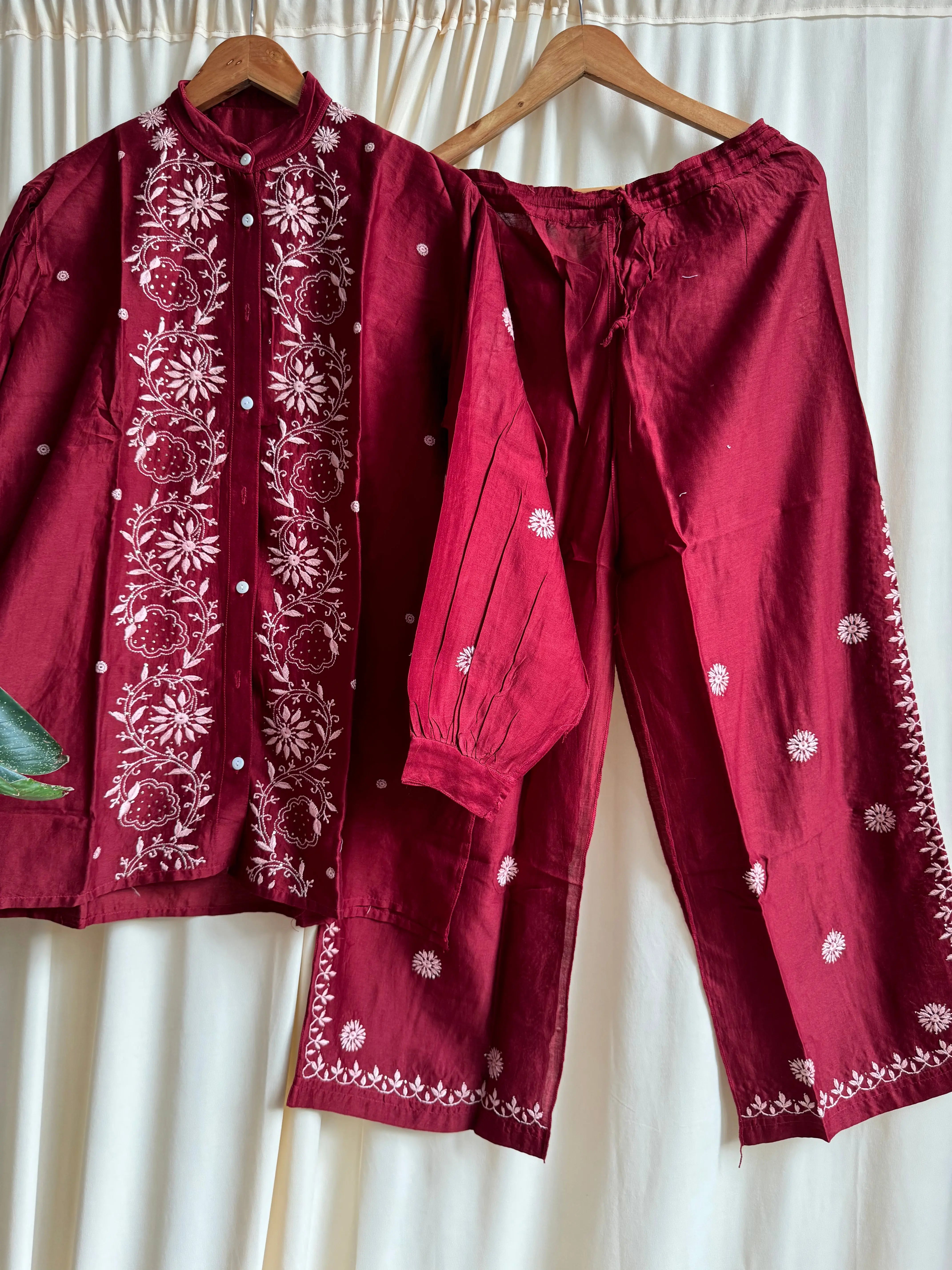 Chanderi Chikankari Cord Set with Mukaish Detailing - Maroon ARIAA CHIKANKARI
