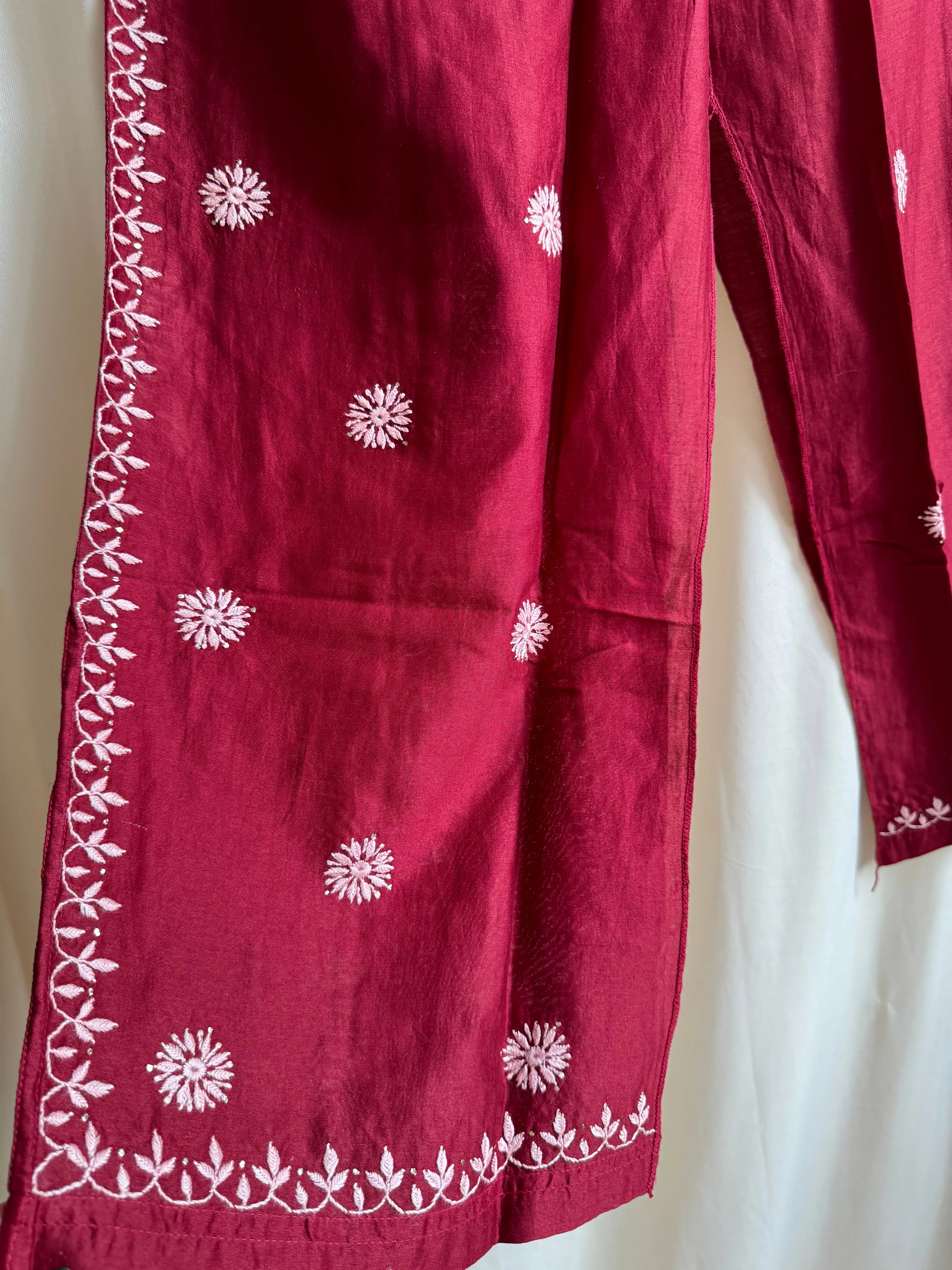 Chanderi Chikankari Cord Set with Mukaish Detailing - Maroon ARIAA CHIKANKARI