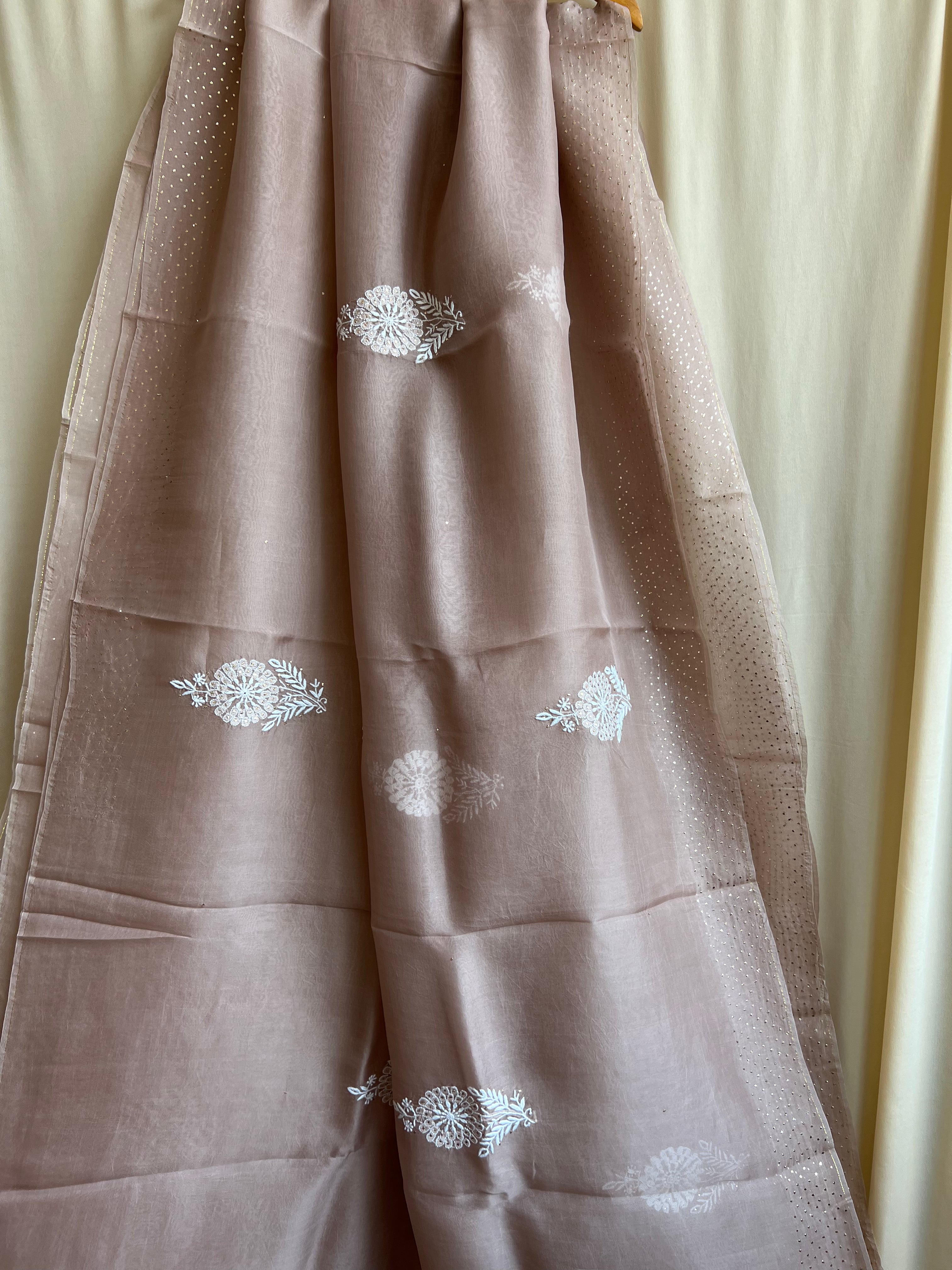 Pure organza Chikankari saree in Soft Brown with Mukaish work ARIAA CHIKANKARI