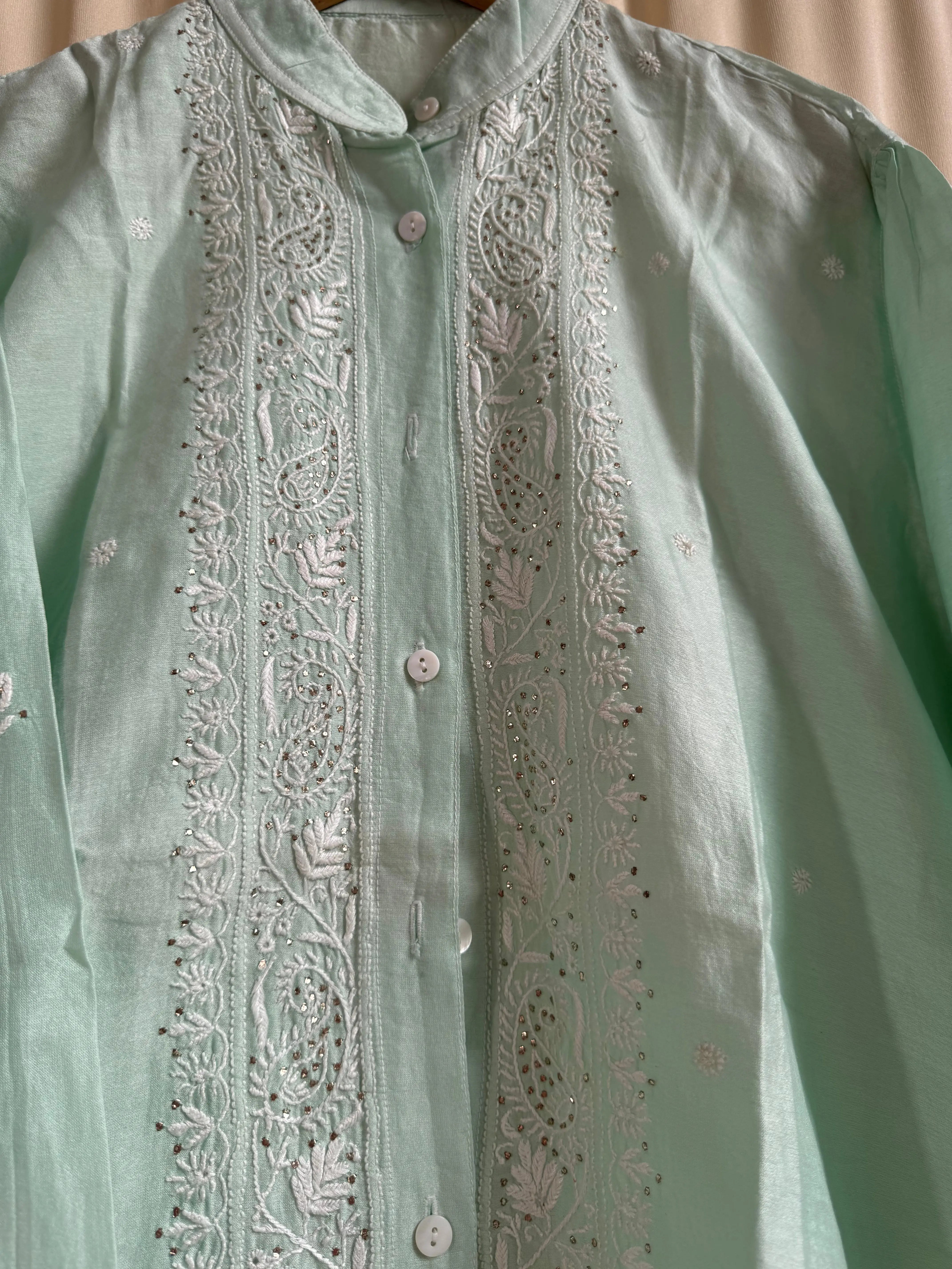 Chanderi Chikankari Cord Set with Mukaish Detailing - Mint Green ARIAA CHIKANKARI