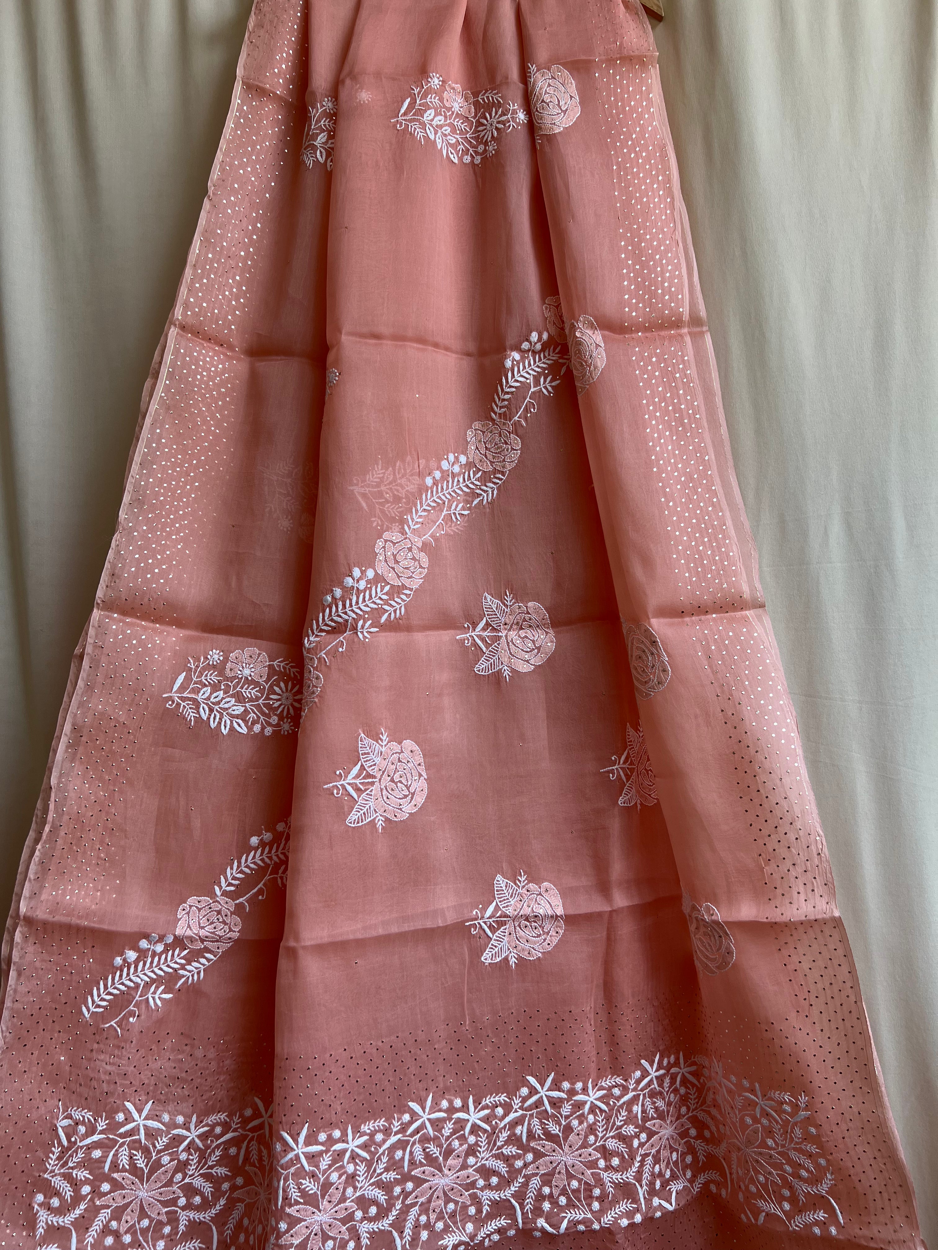 Pure organza Chikankari saree in Peach with Mukaish work ARIAA CHIKANKARI